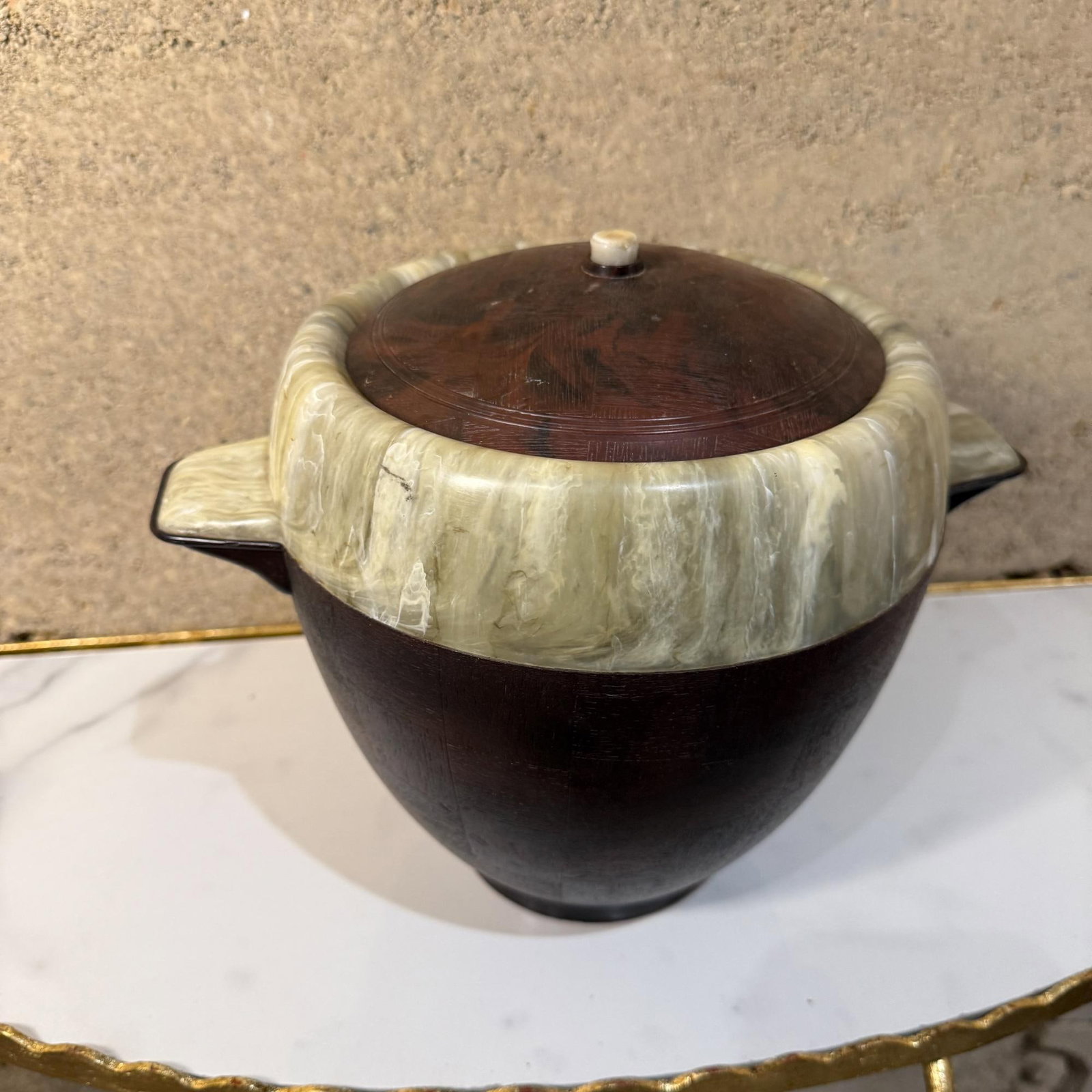 1950s Two-Tone Ice Bucket Faux Wood & Marble Mexico - 13