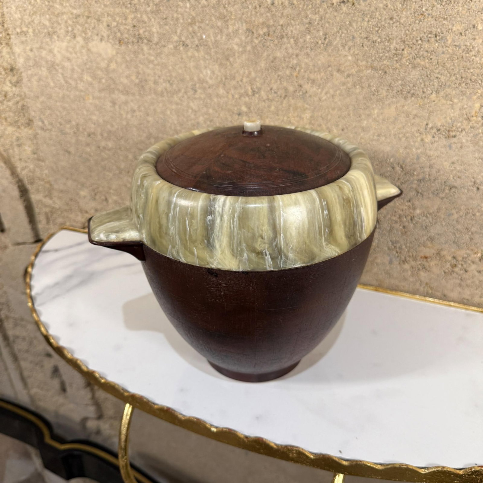 1950s Two-Tone Ice Bucket Faux Wood & Marble Mexico - 14