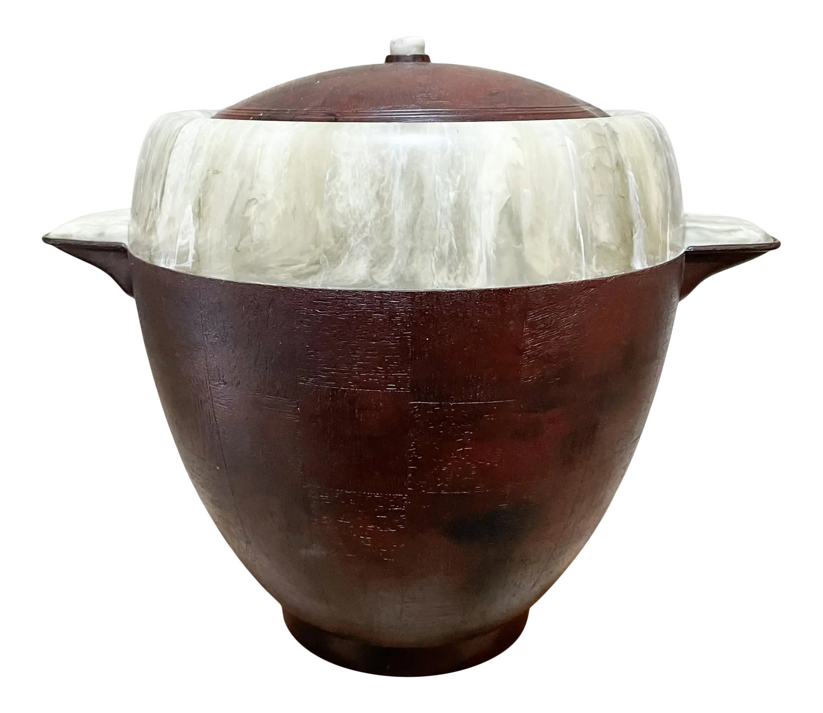 1950s Two-Tone Ice Bucket Faux Wood & Marble Mexico: For your consideration, a Mexican modernist mid-century ice bucket with brown and ivory tones interior and trim. Mexico circa the 1950s. Fabulous look of faux wood & faux stone marble interior and
