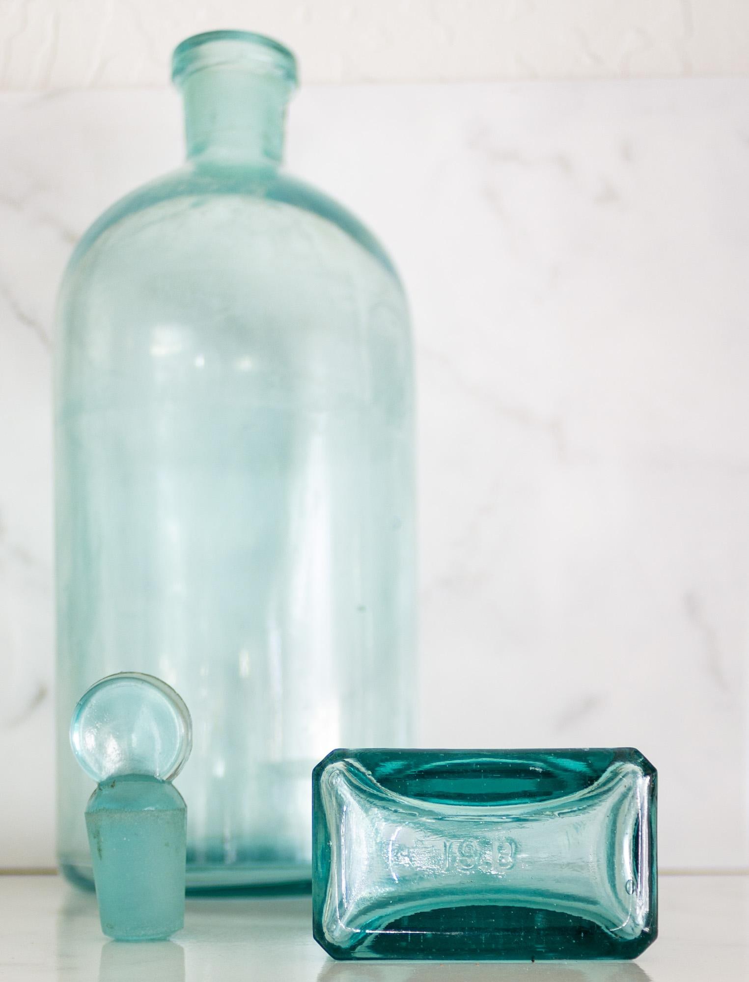 Pair of Antique Aqua Glass Medical Snake Oil Apothecary Bottles From Ny and Nj - 10