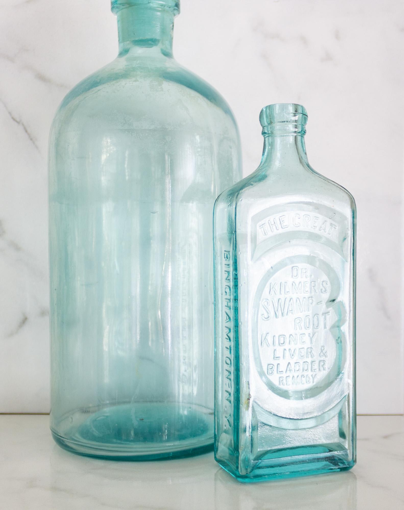Pair of Antique Aqua Glass Medical Snake Oil Apothecary Bottles From Ny and Nj - 11