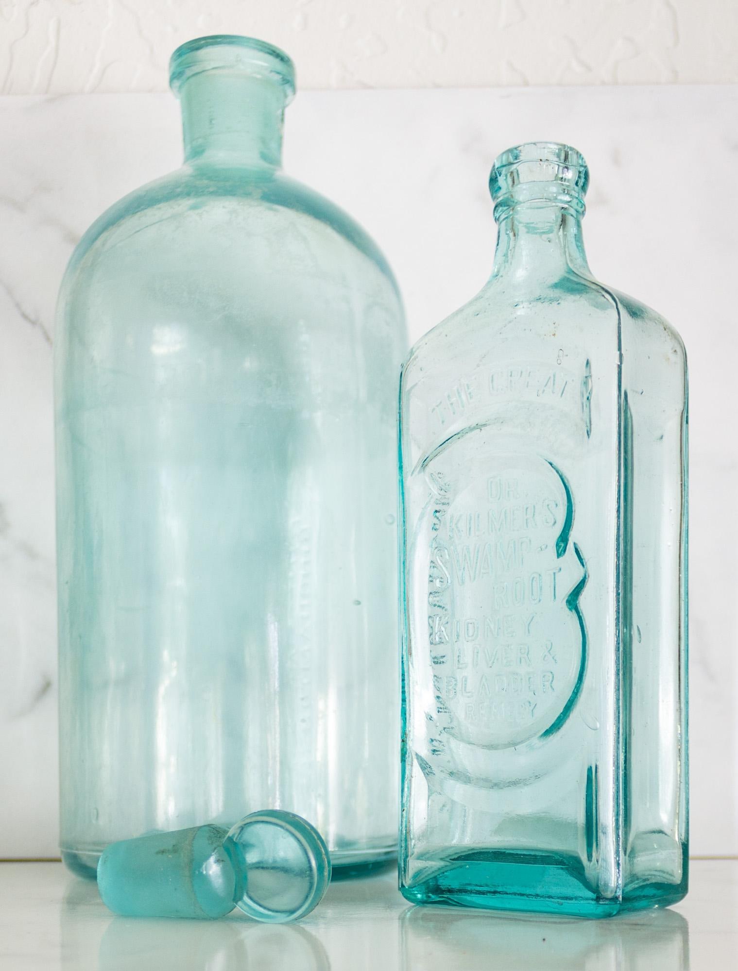 Pair of Antique Aqua Glass Medical Snake Oil Apothecary Bottles From Ny and Nj - 13