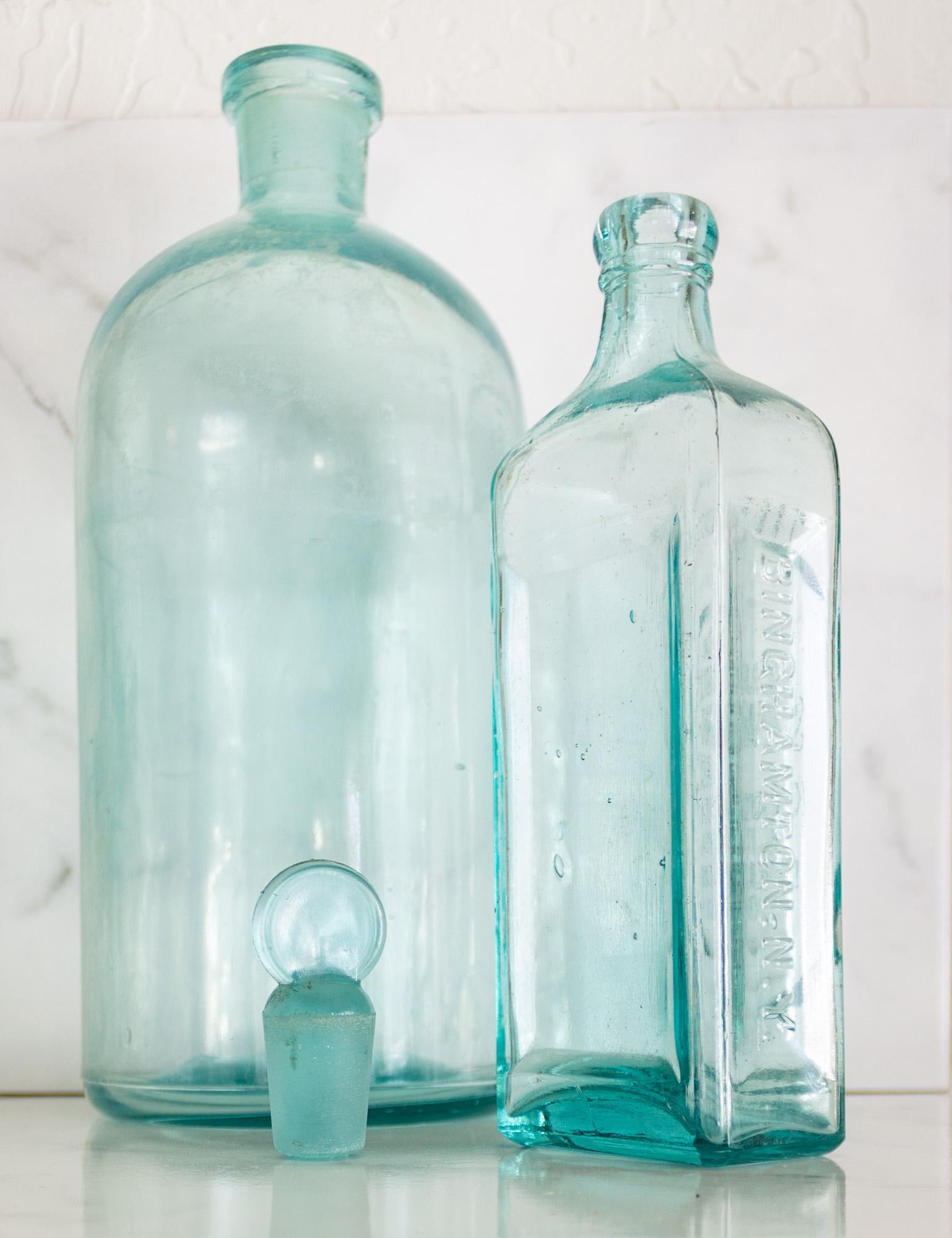 Pair of Antique Aqua Glass Medical Snake Oil Apothecary Bottles From Ny and Nj - 17