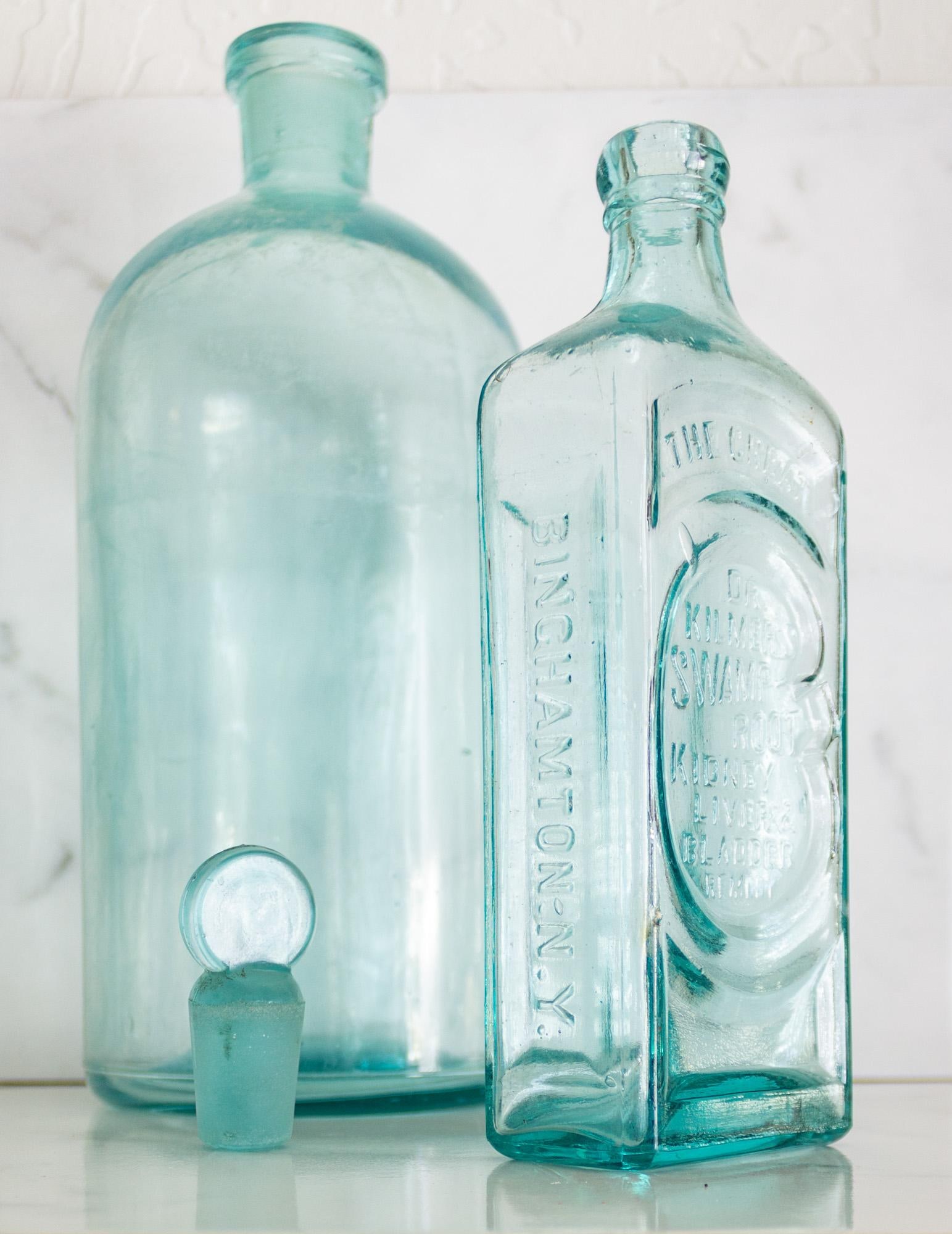 Pair of Antique Aqua Glass Medical Snake Oil Apothecary Bottles From Ny and Nj - 3