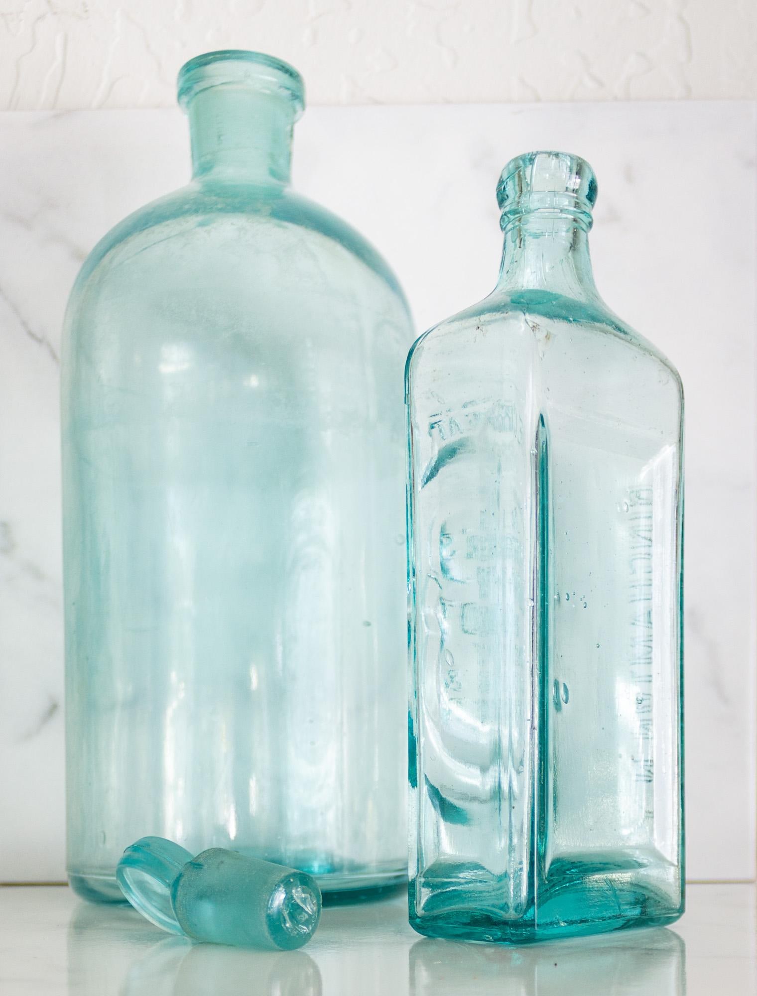 Pair of Antique Aqua Glass Medical Snake Oil Apothecary Bottles From Ny and Nj - 9