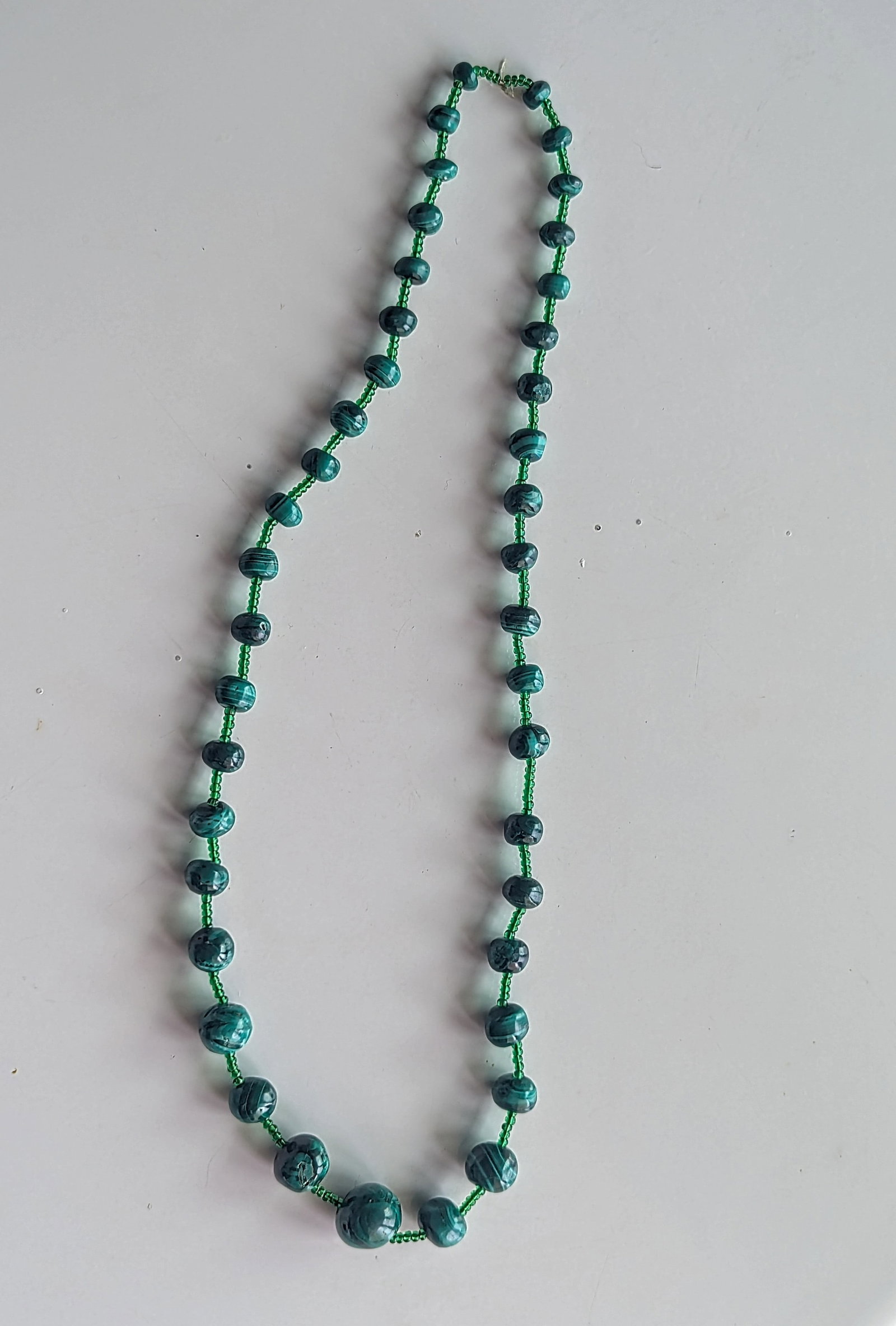 Vintage Graduating Malachite Alternating With Glass Beads Necklace, 26" - 2