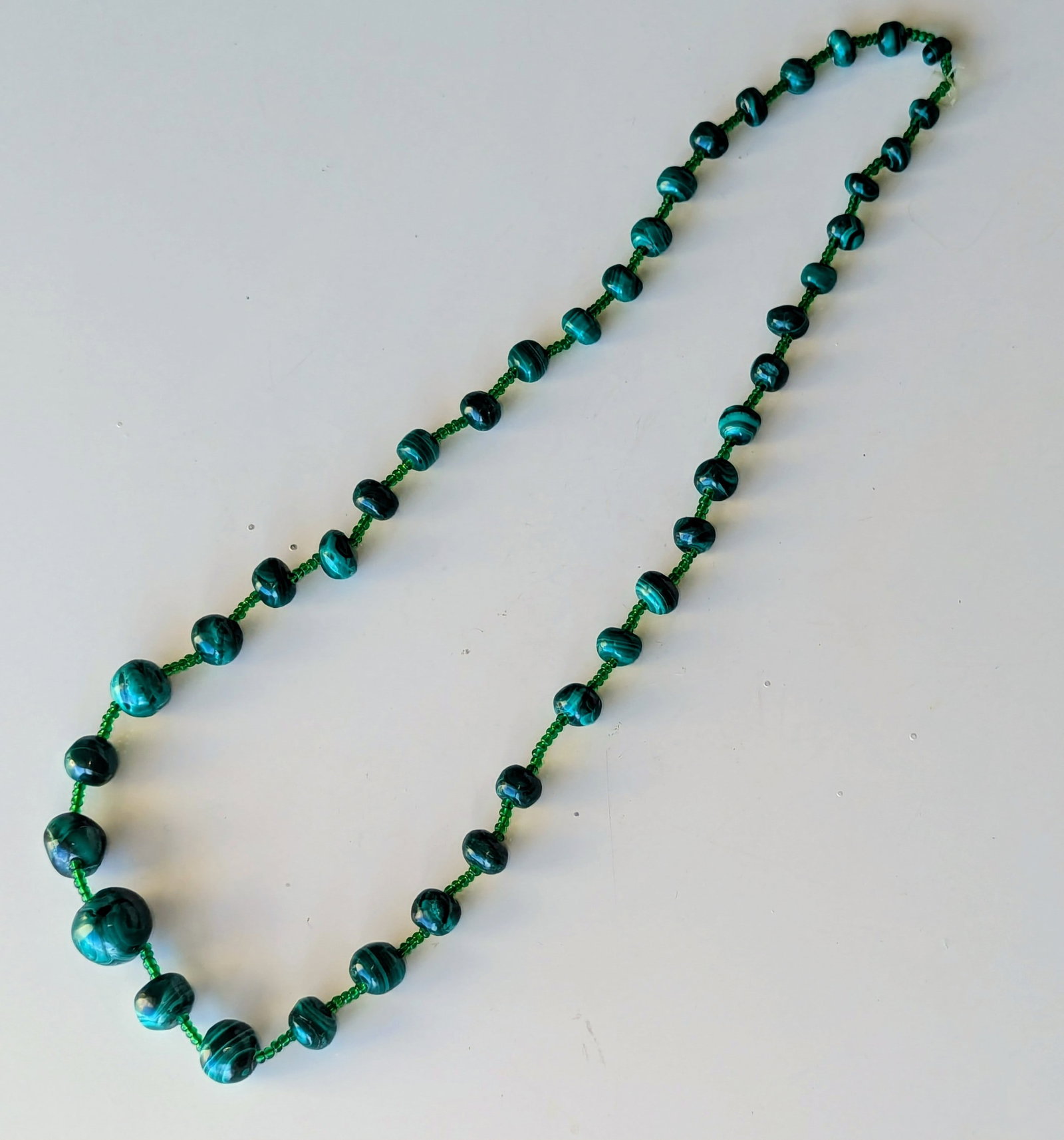Vintage Graduating Malachite Alternating With Glass Beads Necklace, 26" - 3