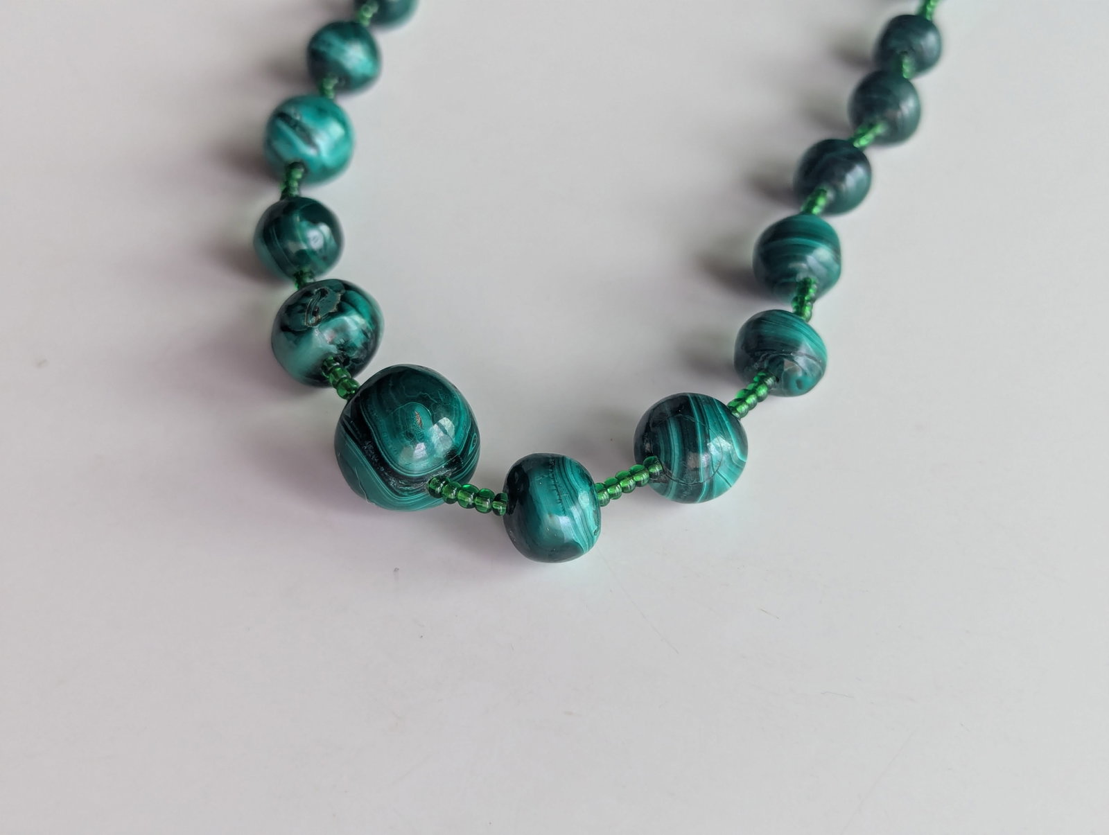 Vintage Graduating Malachite Alternating With Glass Beads Necklace, 26" - 5