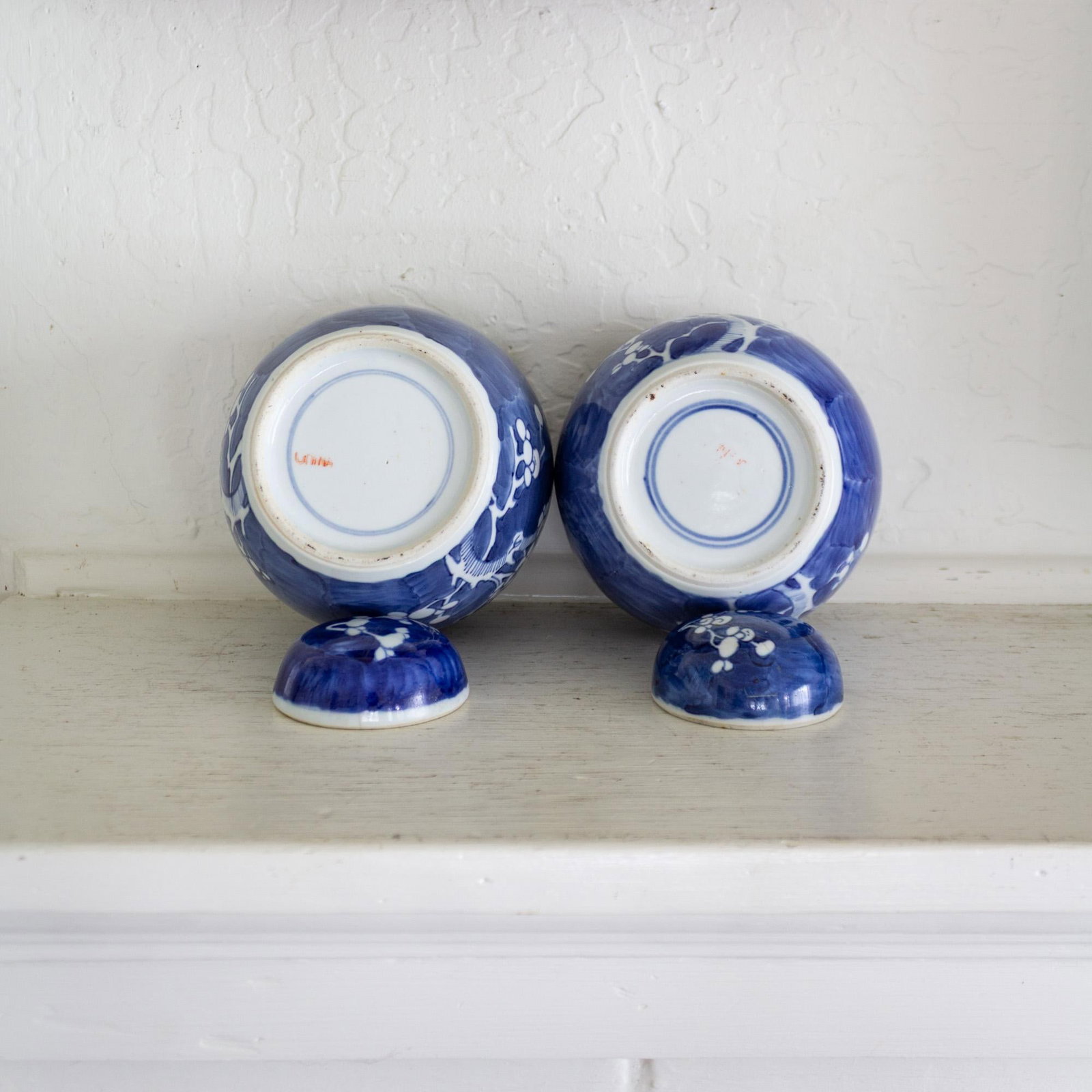 Pair of Blue and White Chinese Chinoiserie Prunus Blossom Lidded Ginger Jars - 12