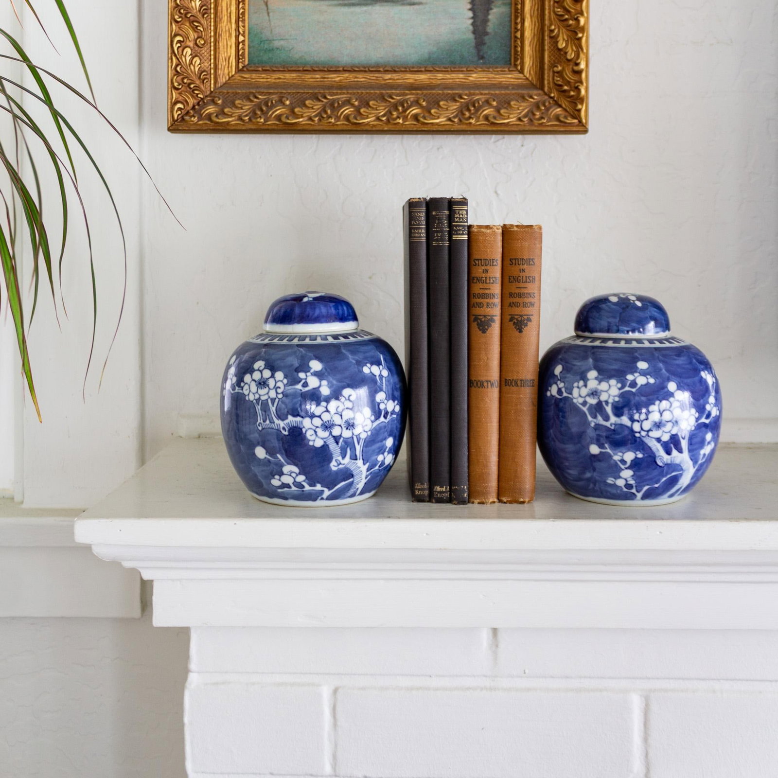 Pair of Blue and White Chinese Chinoiserie Prunus Blossom Lidded Ginger Jars - 4