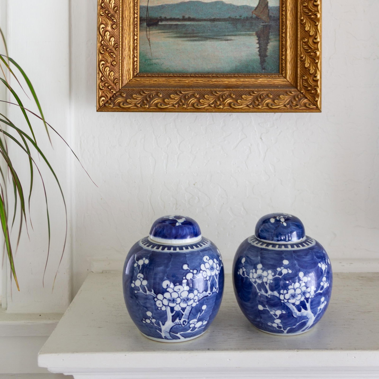Pair of Blue and White Chinese Chinoiserie Prunus Blossom Lidded Ginger Jars - 5