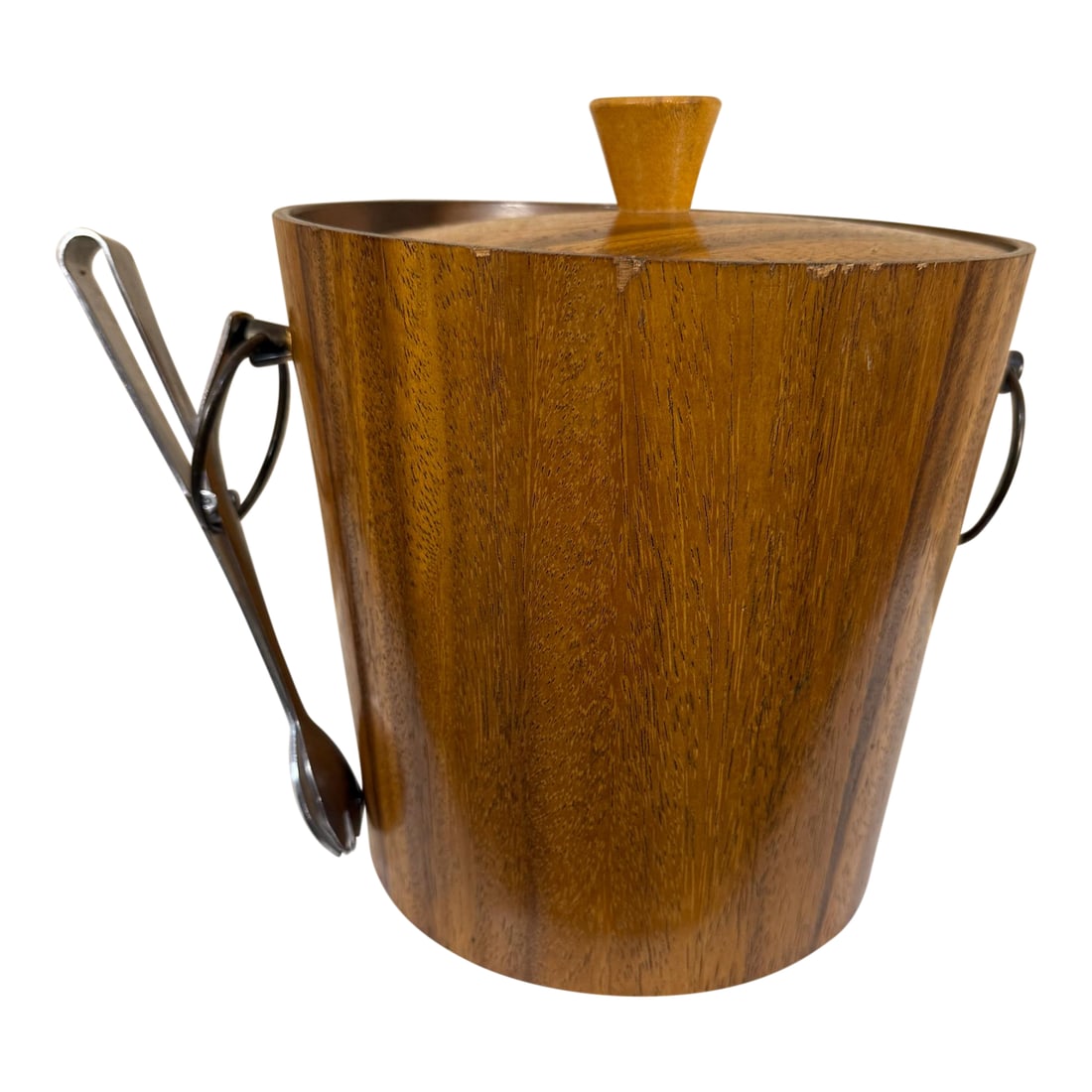 1960s Modern Barware Walnut Wood Ice Bucket & Stainless Steel Tongs Set- 2 Pieces: For your consideration, a mid-century modern barware from circa the 1960s. Walnut wood ice bucket barware set with Nevco stainless steel or aluminum tongs from the 1960s labeled from Japan.