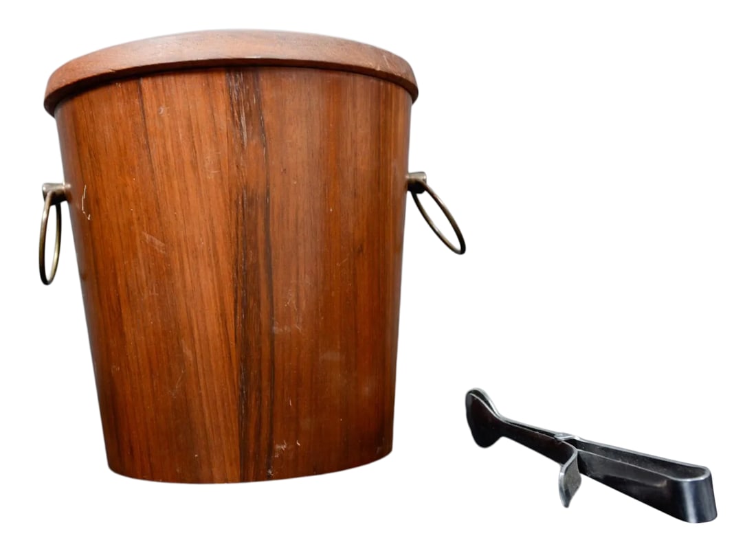 1960s Modern Barware Walnut Wood Ice Bucket & Stainless Steel Tongs Set- 2 Pieces - 2