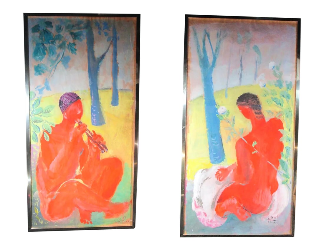 1981 Fauvist Style Figurative Male Nude Watercolor Paintings, Framed - a Pair: Wonderful bright compositions of seated males in a pastoral scene. The color palette is very bright colorful and fanciful late mid-century art. Painted by Robert Huber (dated 12-28-1981) artist and