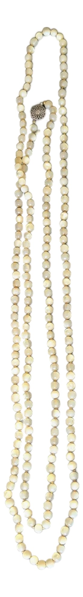 Antique 60" Necklace Shell Beads With Worthy Clasp: Rare 60" long antique single strand beaded shell necklace with ornate sterling silver clasp. The clasp is of Victorian detail, the beads hand strung. Condition: Alterations: Original Condition Unalter