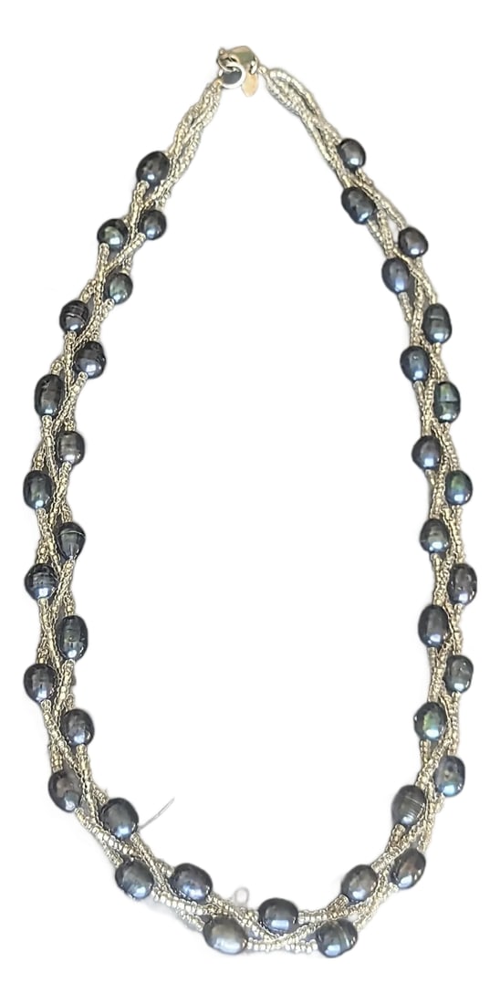 Braided Freshwater Black Pearls With Ziv 925 Silver Clasp: ZIV is a designer of jewelry surrounding 925 Stirling silver. The fresh water pearl alternating with crystal beads. Sometimes referred to as peacock versus black for the differing colors on e