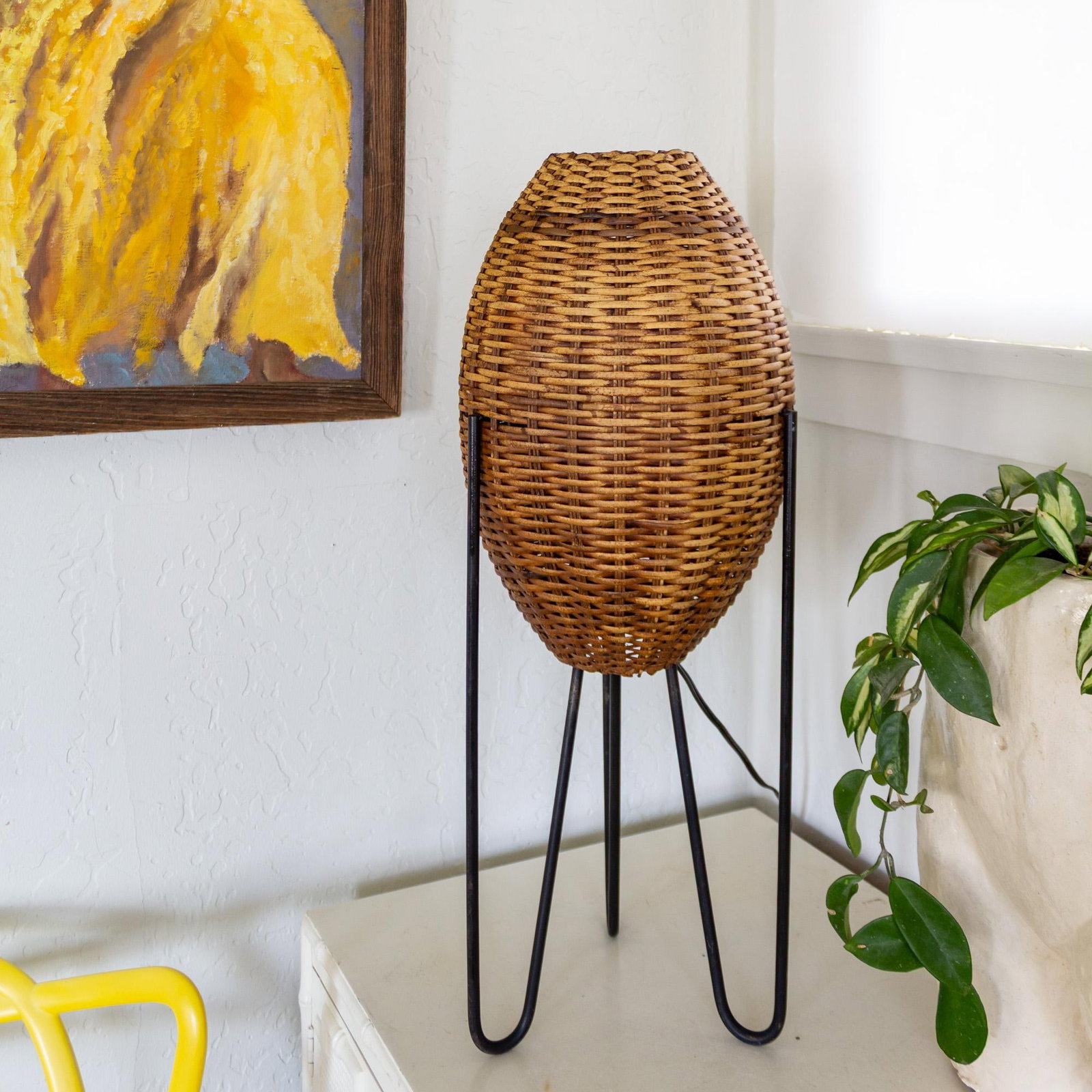 Paul Mayen Rattan Wicker Beehive Lamp on Hairpin Legs 1965 - 12
