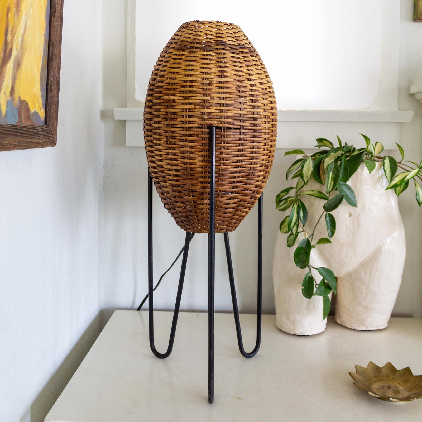 Paul Mayen Rattan Wicker Beehive Lamp on Hairpin Legs 1965 - 14