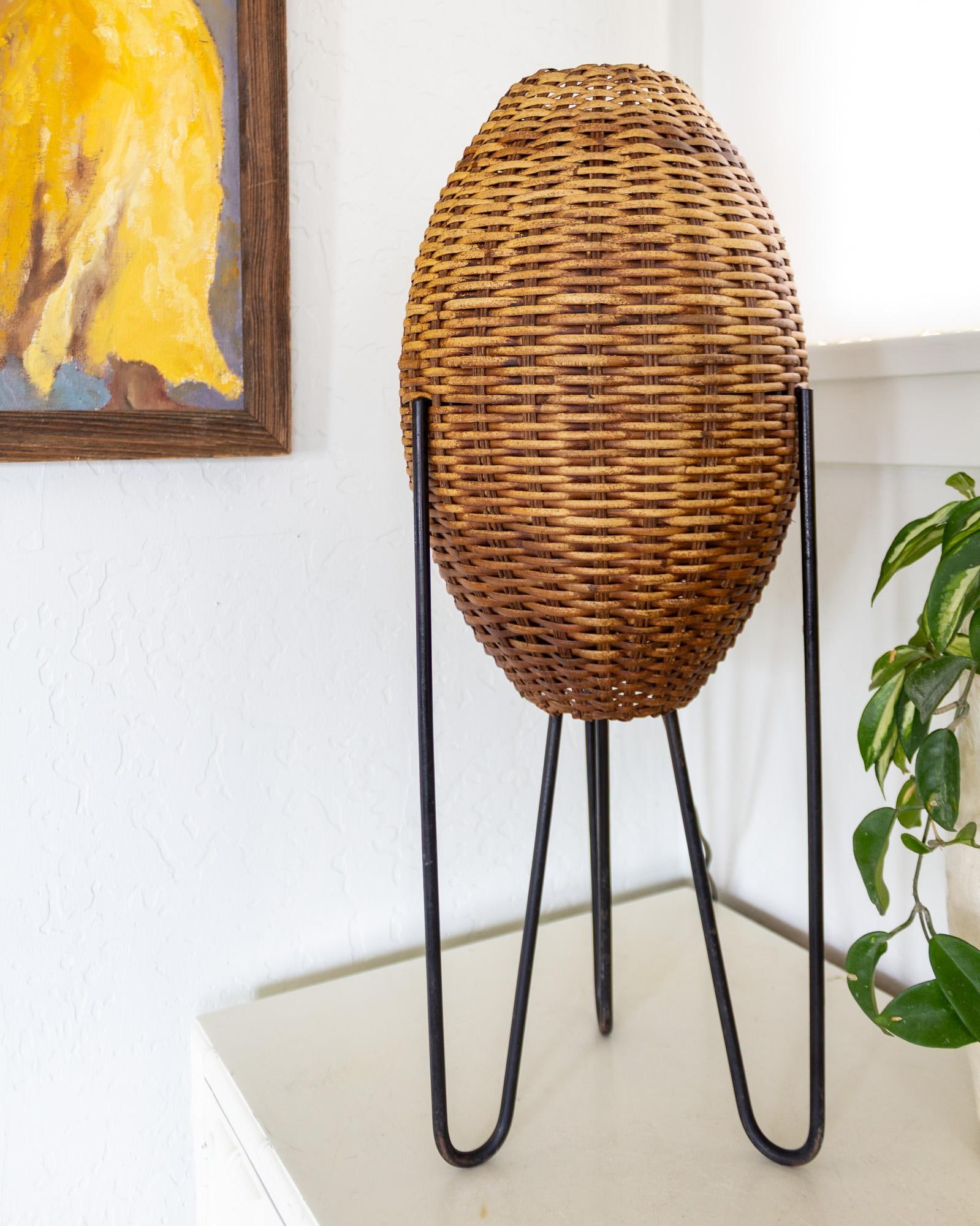 Paul Mayen Rattan Wicker Beehive Lamp on Hairpin Legs 1965 - 3