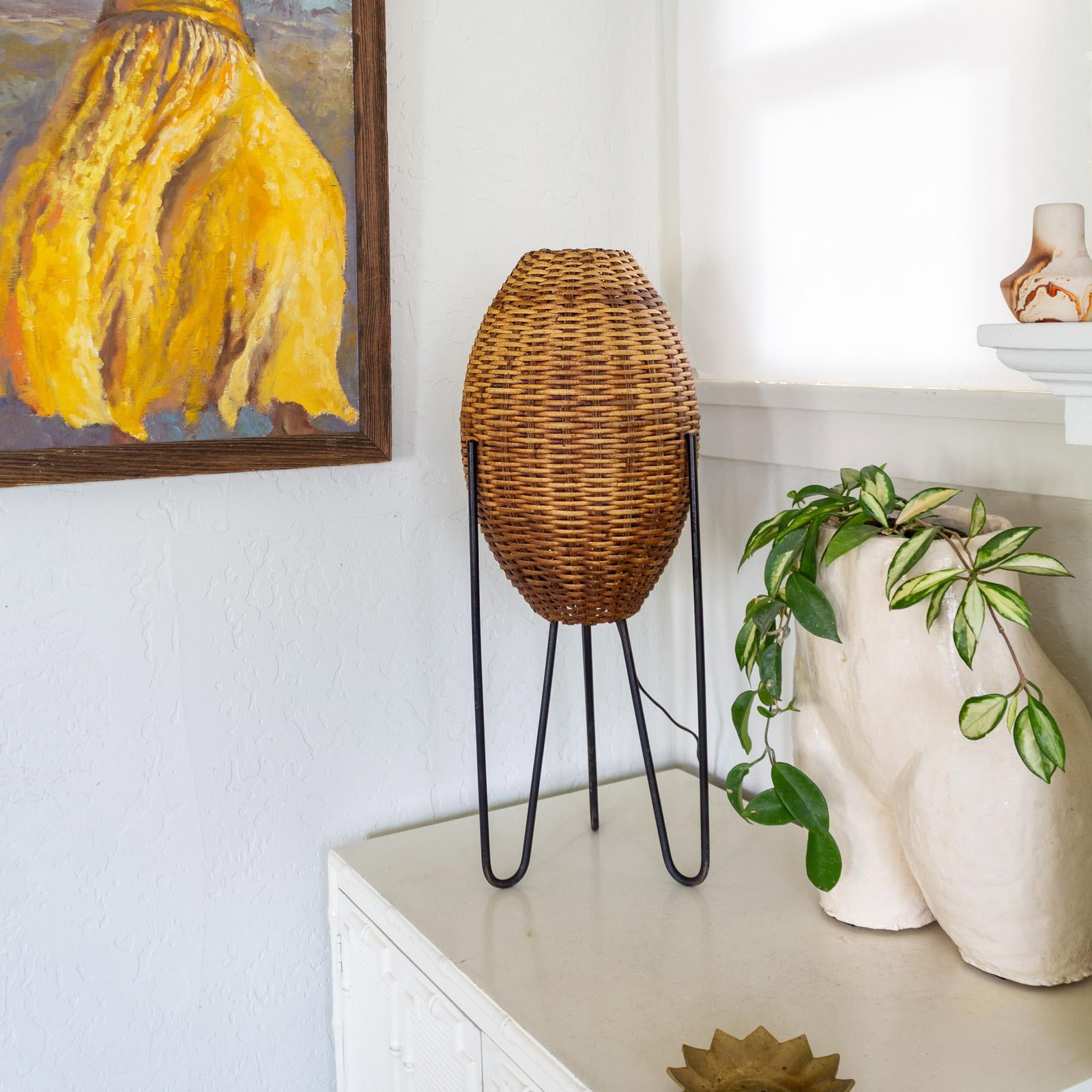 Paul Mayen Rattan Wicker Beehive Lamp on Hairpin Legs 1965 - 7
