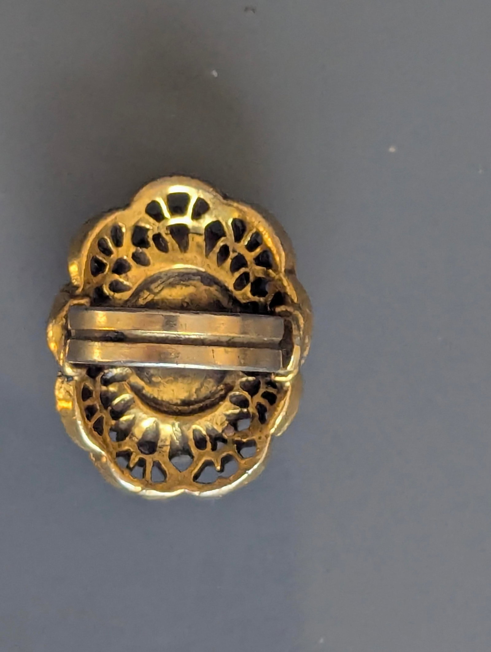 Coral Cameo Ring Framed in Brass Chunky Baroque Filigree - 2