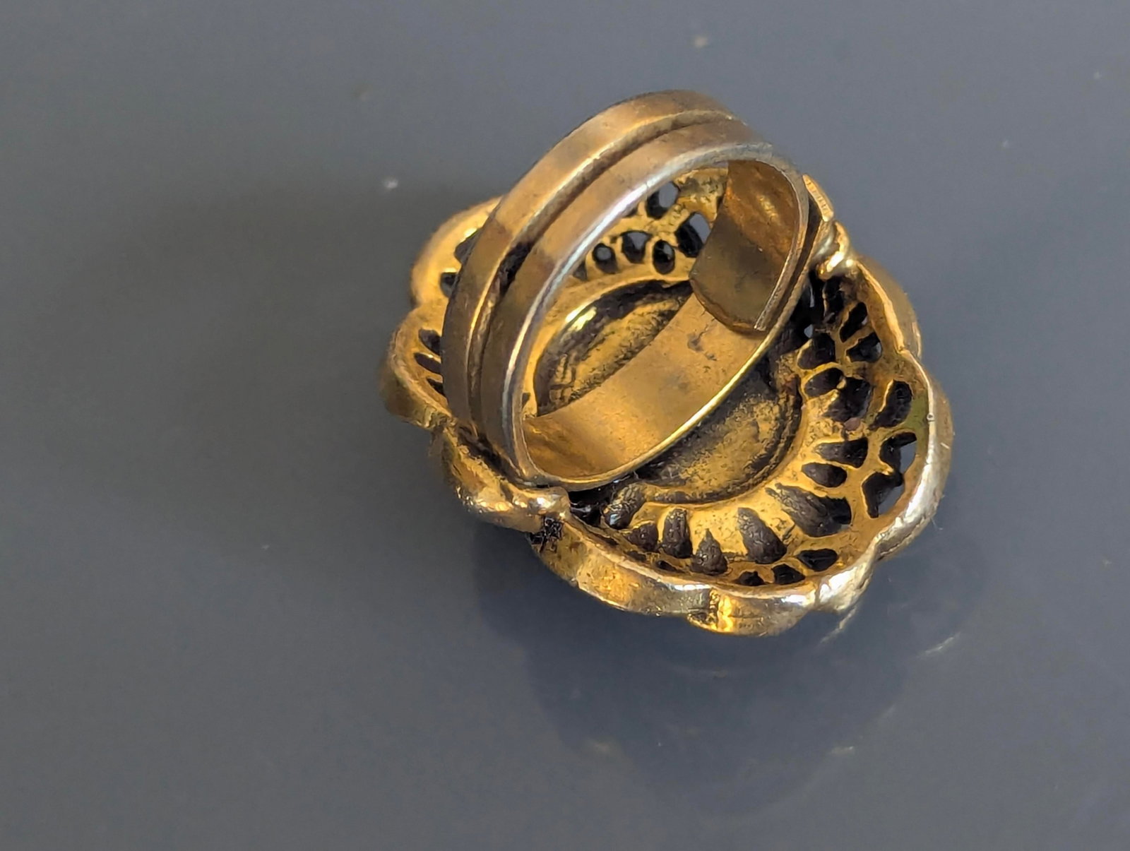 Coral Cameo Ring Framed in Brass Chunky Baroque Filigree - 3