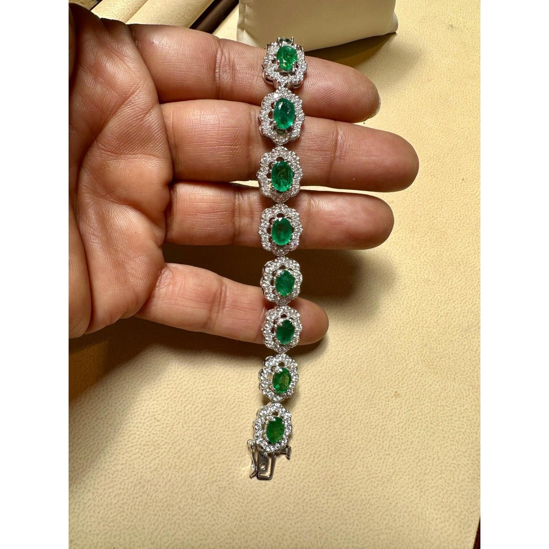 10 Carat Natural Brazilian Emerald & Diamond Tennis Bracelet 14 Karat Gold - 10