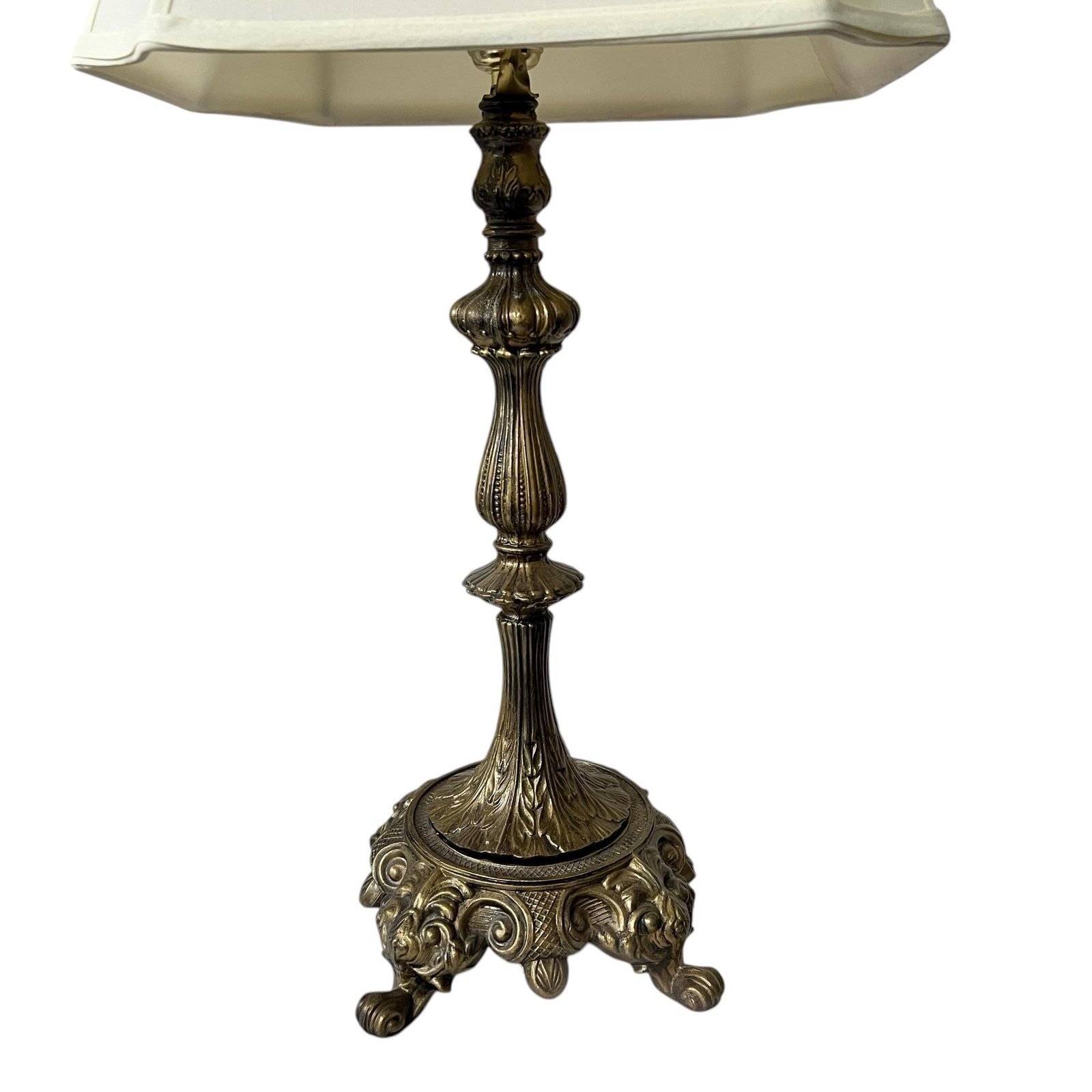 Mid 20th Century Gilt Metal Footed Baroque Style Lamps and Shades - A Pair - 6