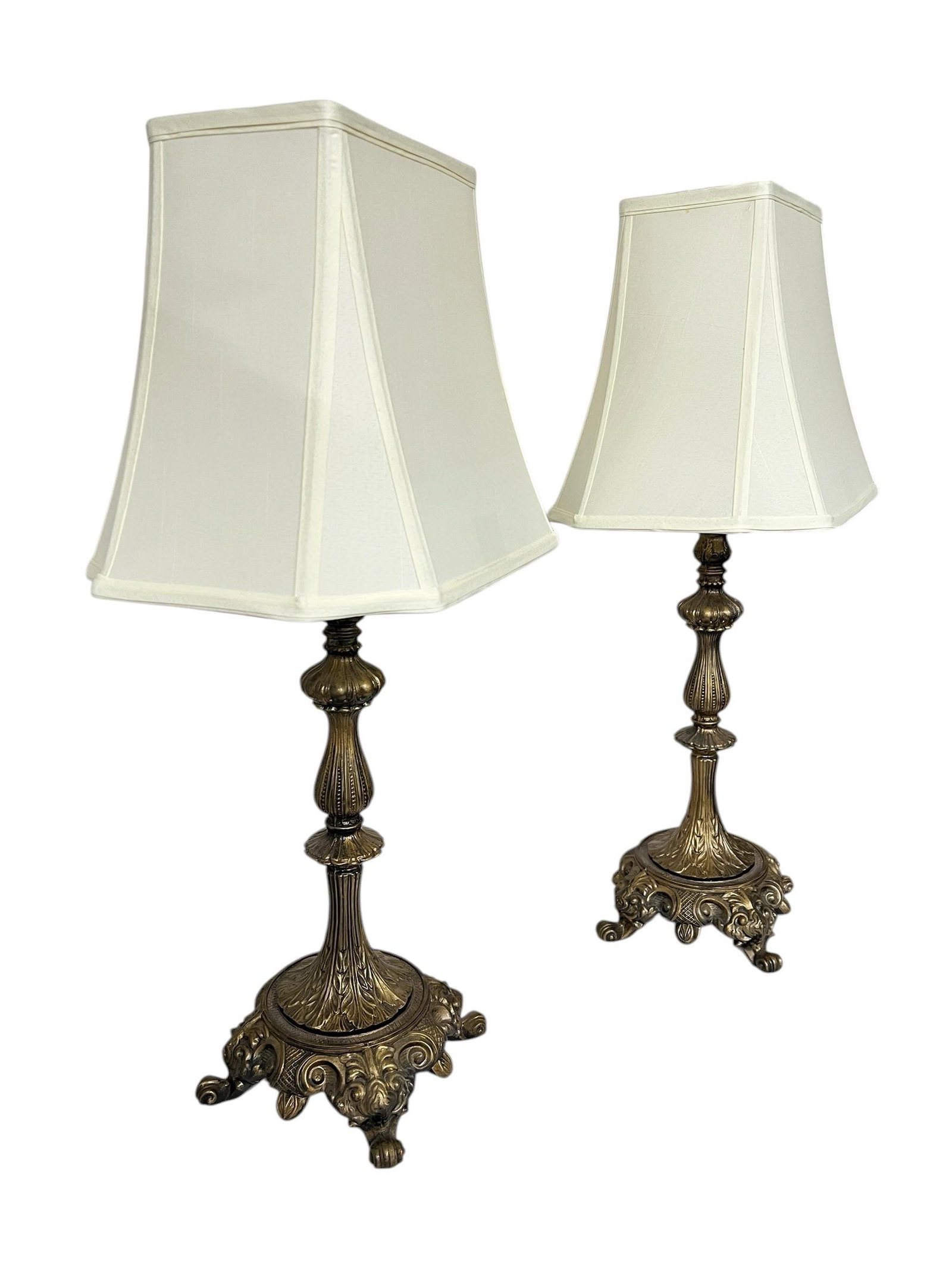 Mid 20th Century Gilt Metal Footed Baroque Style Lamps and Shades - A Pair - 9