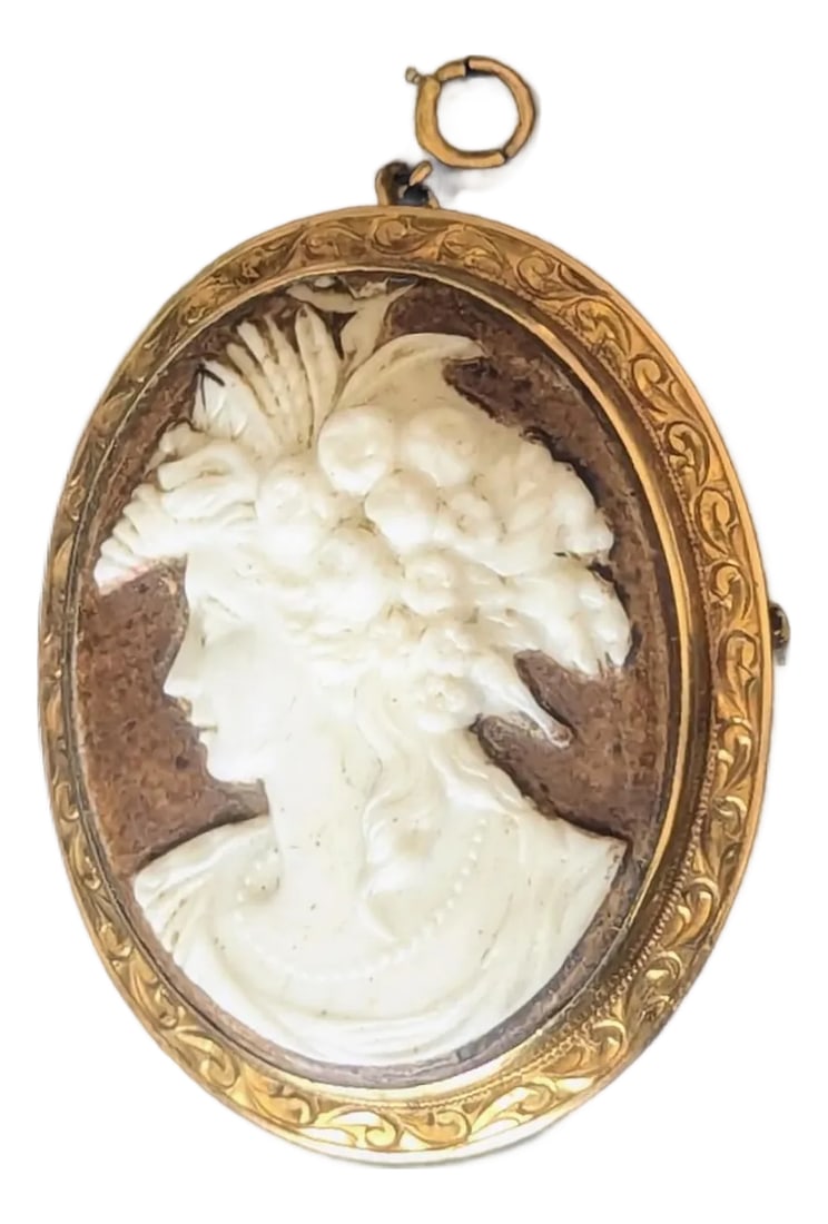 Vintage Gold Toned Encased Cameo Brooch/Pendant Bacchante Figure: The cameo is carved coral/shell. Encased in a beautiful gold toned frame classical etched pattern, unmarked and unknown metal, no visible appearance of rust or plating. These cameos typically re 10k
