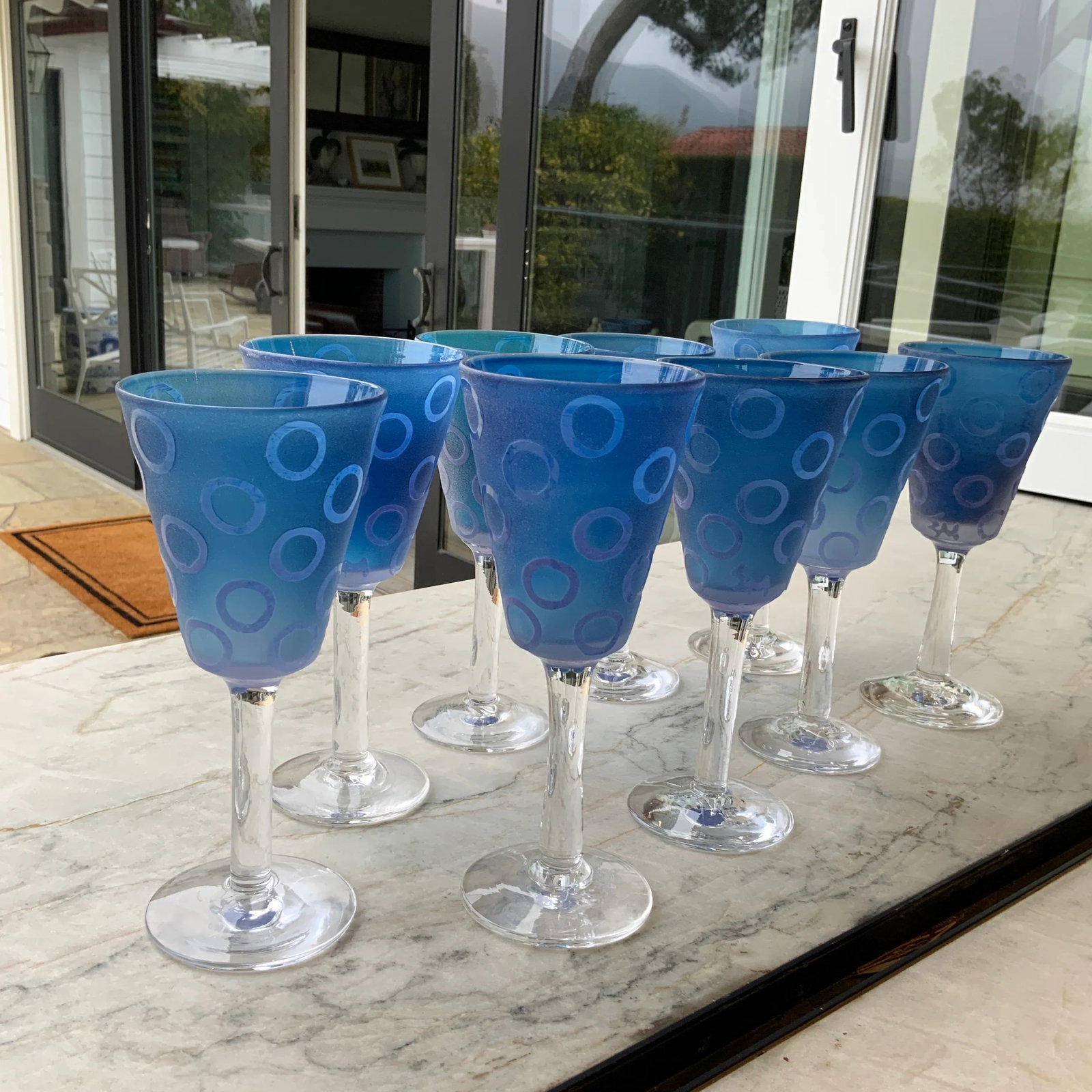 Vintage Murano Blue Raised Circle Wineglasses Attributed to Mario Badioli - Set of 9 - 10