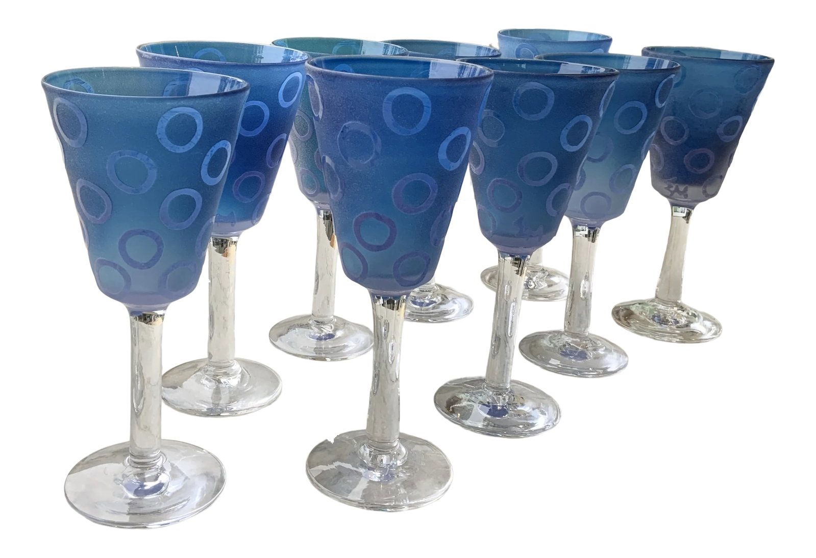 Vintage Murano Blue Raised Circle Wineglasses Attributed to Mario Badioli - Set of 9 (1 of 10)