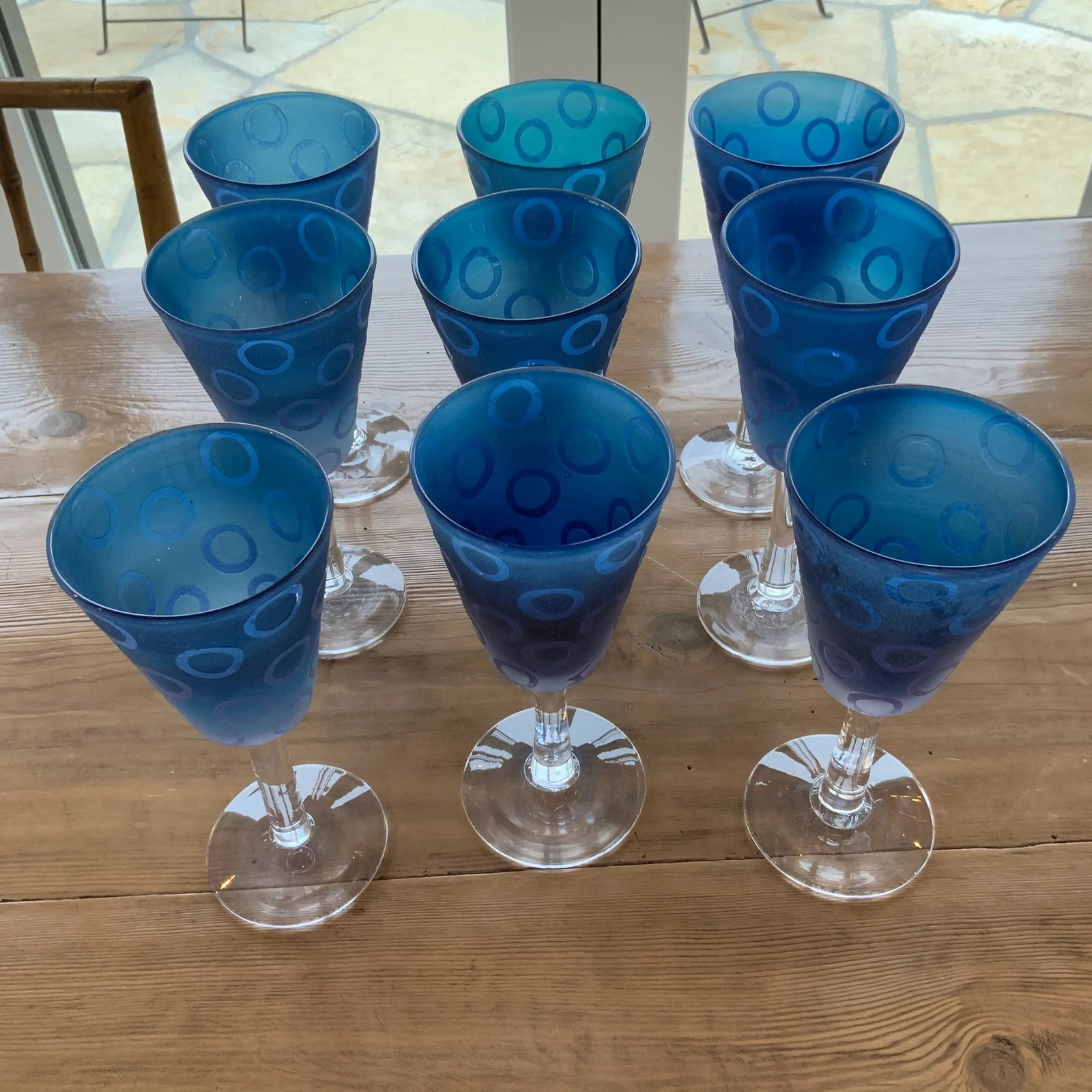Vintage Murano Blue Raised Circle Wineglasses Attributed to Mario Badioli - Set of 9 - 4
