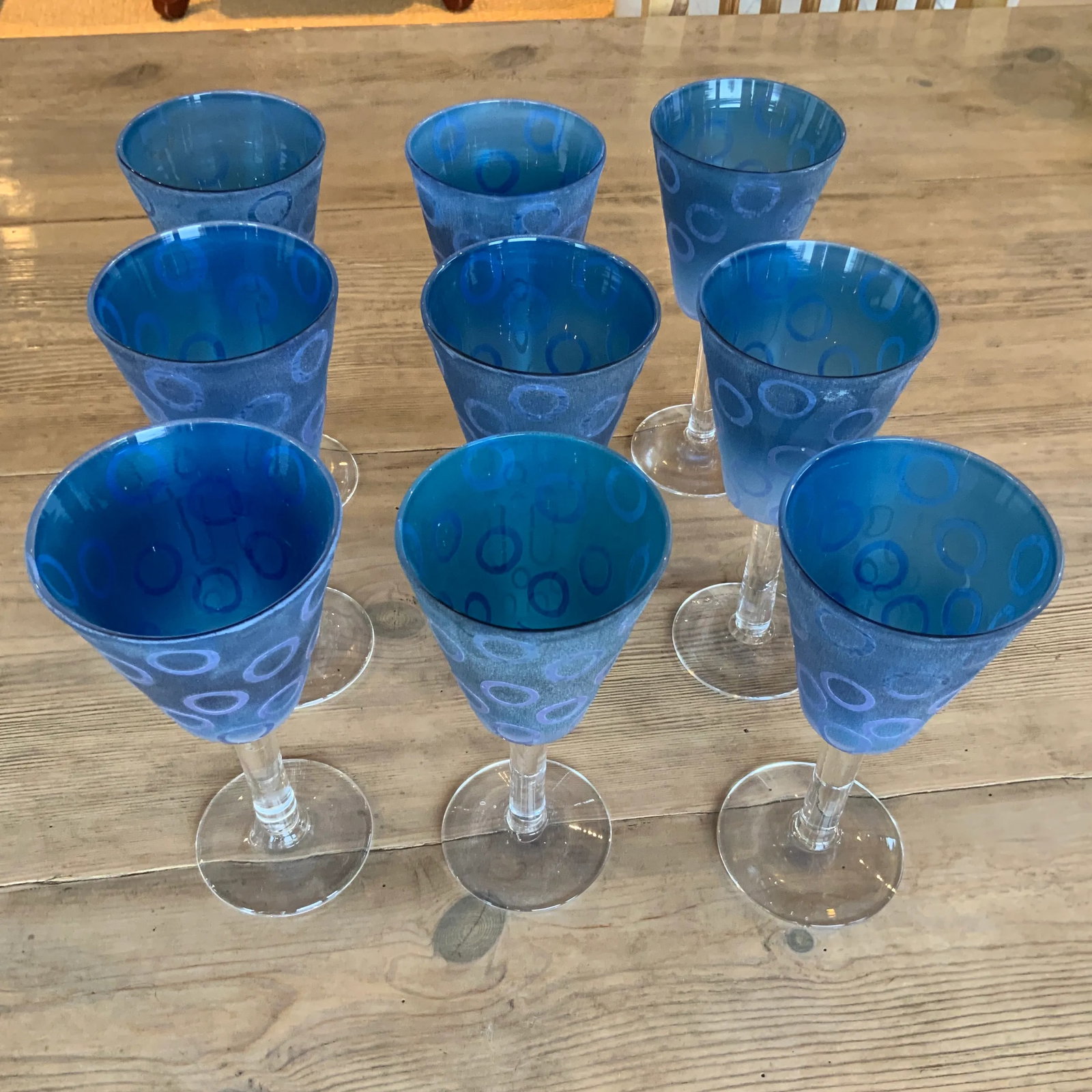 Vintage Murano Blue Raised Circle Wineglasses Attributed to Mario Badioli - Set of 9 - 5