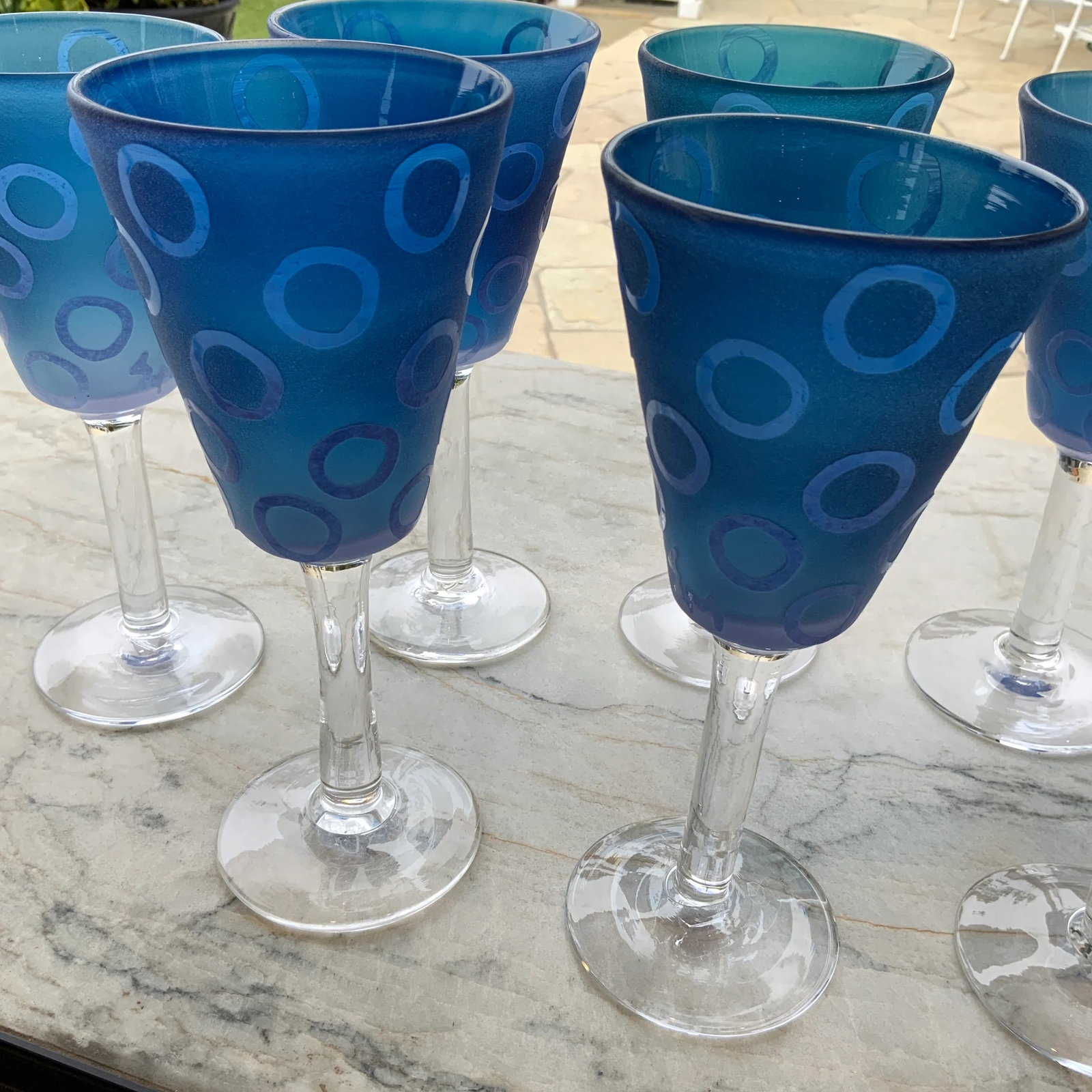 Vintage Murano Blue Raised Circle Wineglasses Attributed to Mario Badioli - Set of 9 - 7