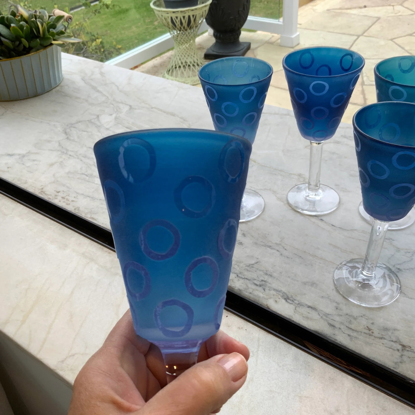 Vintage Murano Blue Raised Circle Wineglasses Attributed to Mario Badioli - Set of 9 - 8