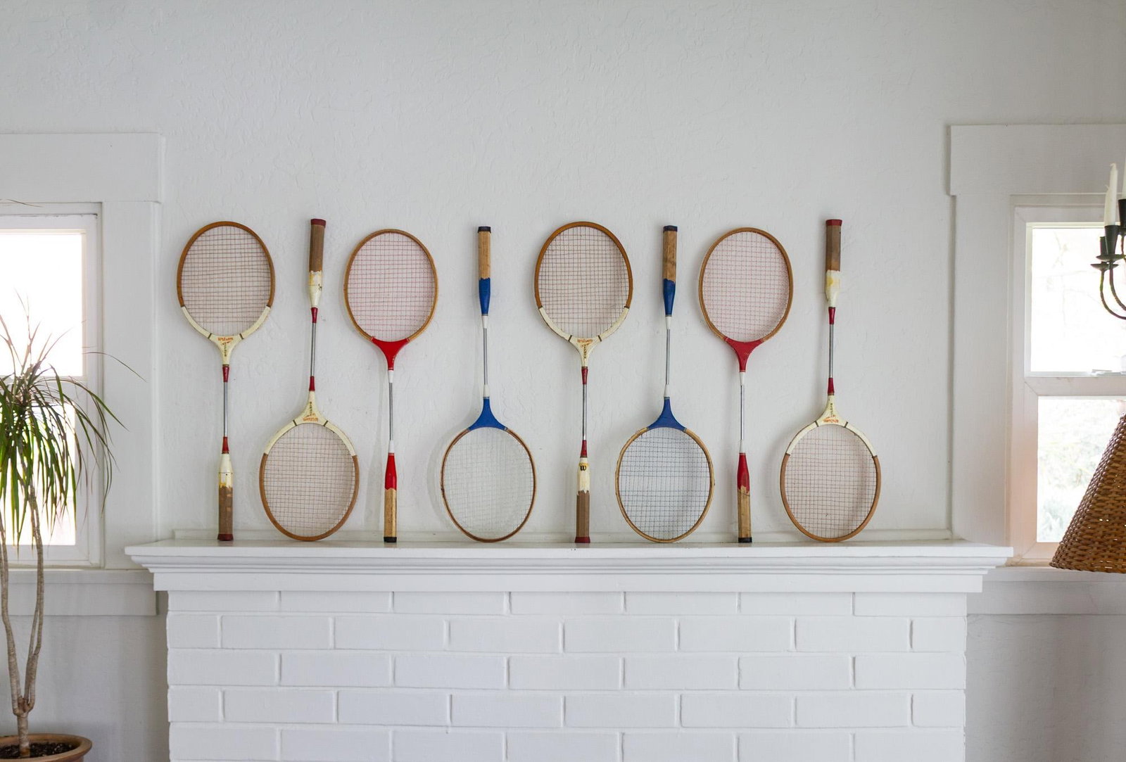 Set of Vintage Wooden Wilson Zephyr Badminten Rackets Red White and Blue - 2