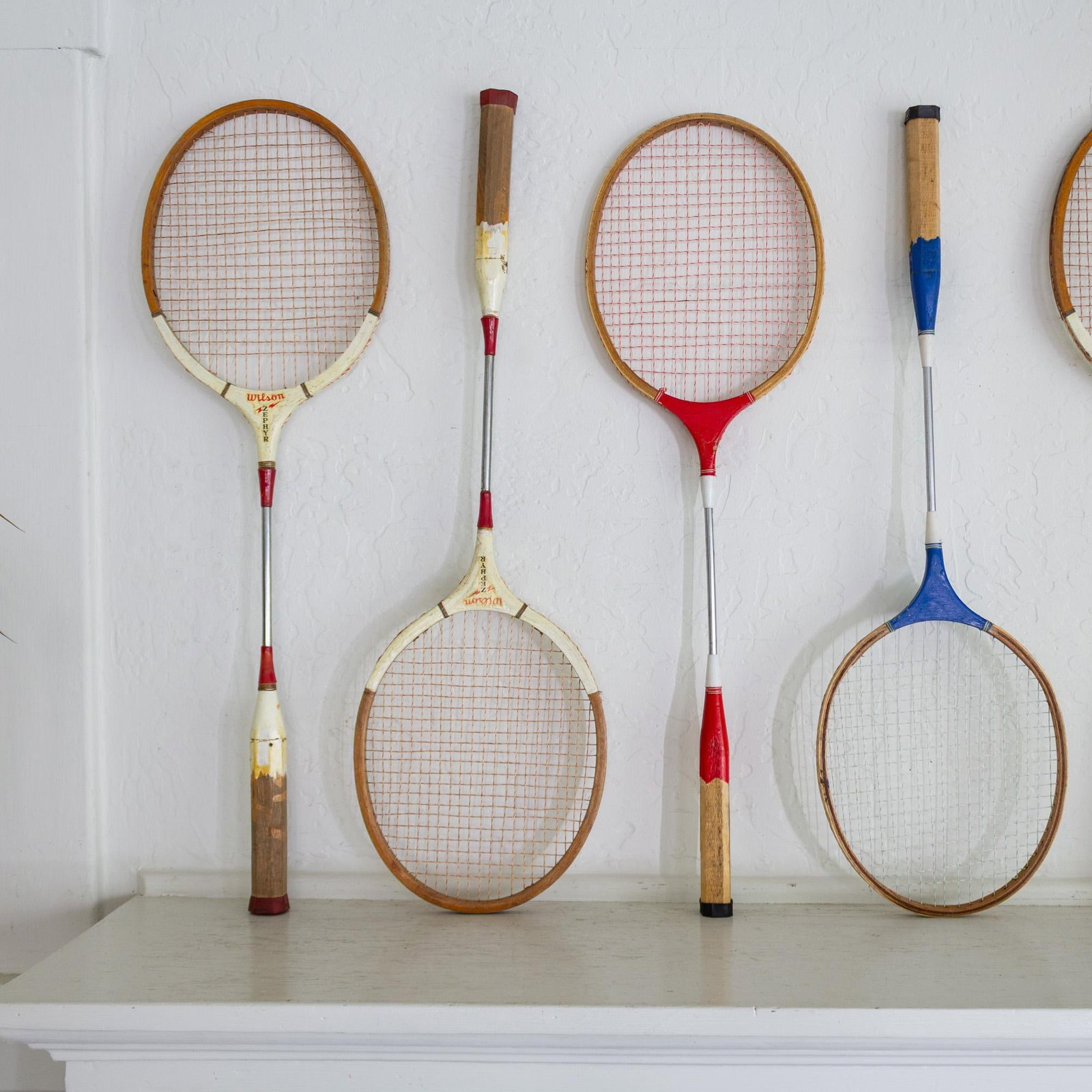 Set of Vintage Wooden Wilson Zephyr Badminten Rackets Red White and Blue - 3