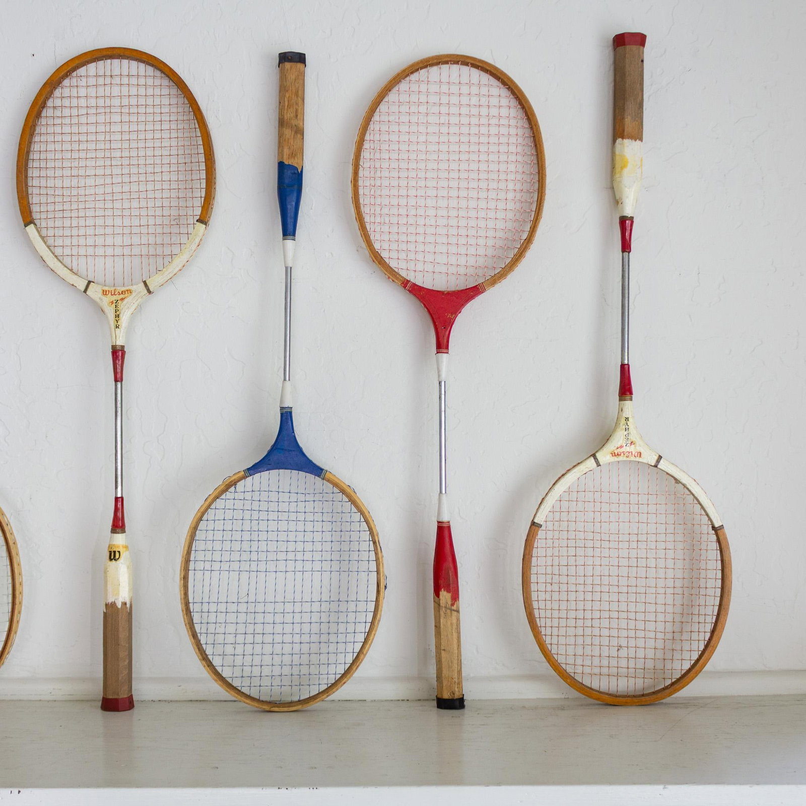 Set of Vintage Wooden Wilson Zephyr Badminten Rackets Red White and Blue - 4