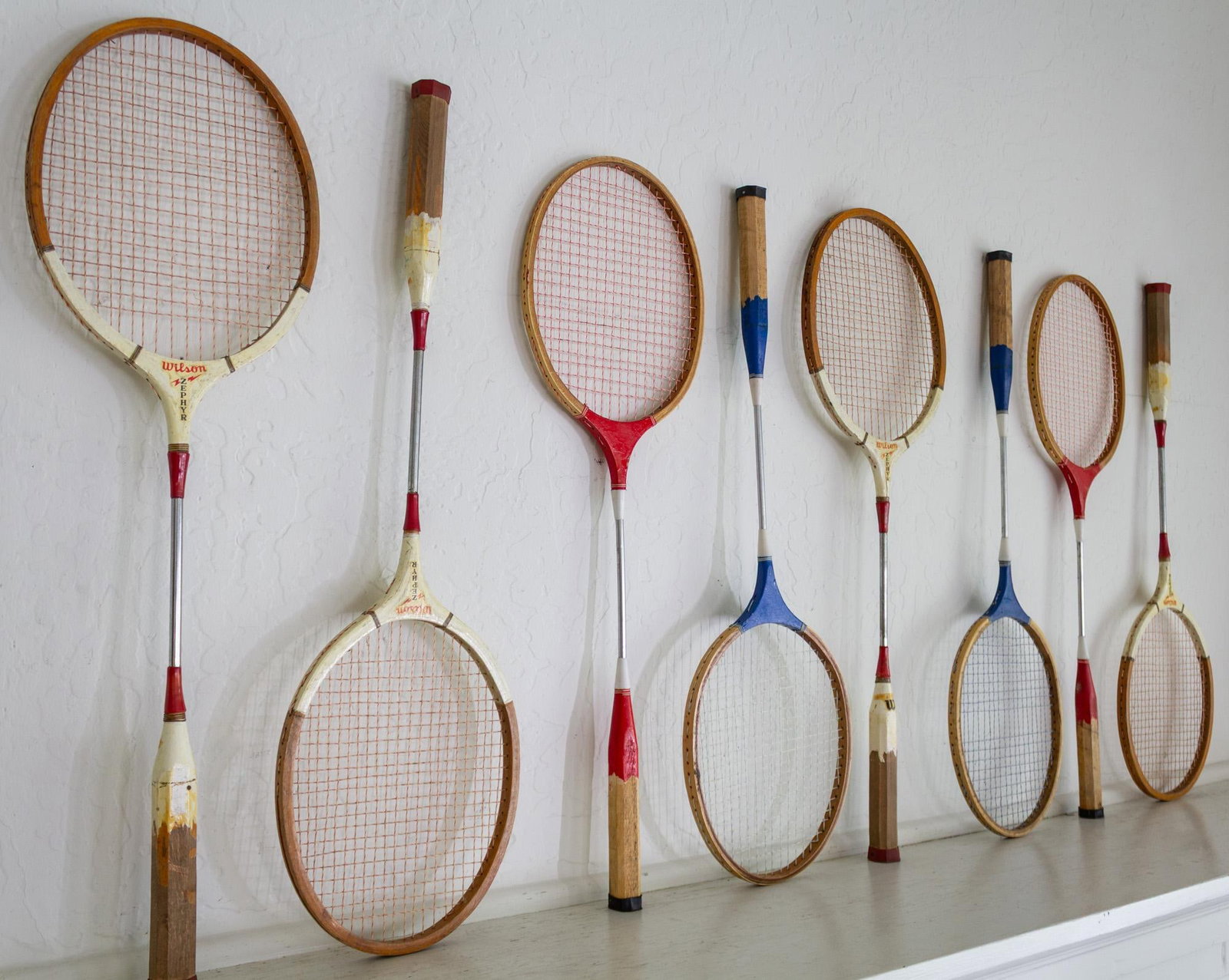 Set of Vintage Wooden Wilson Zephyr Badminten Rackets Red White and Blue - 5