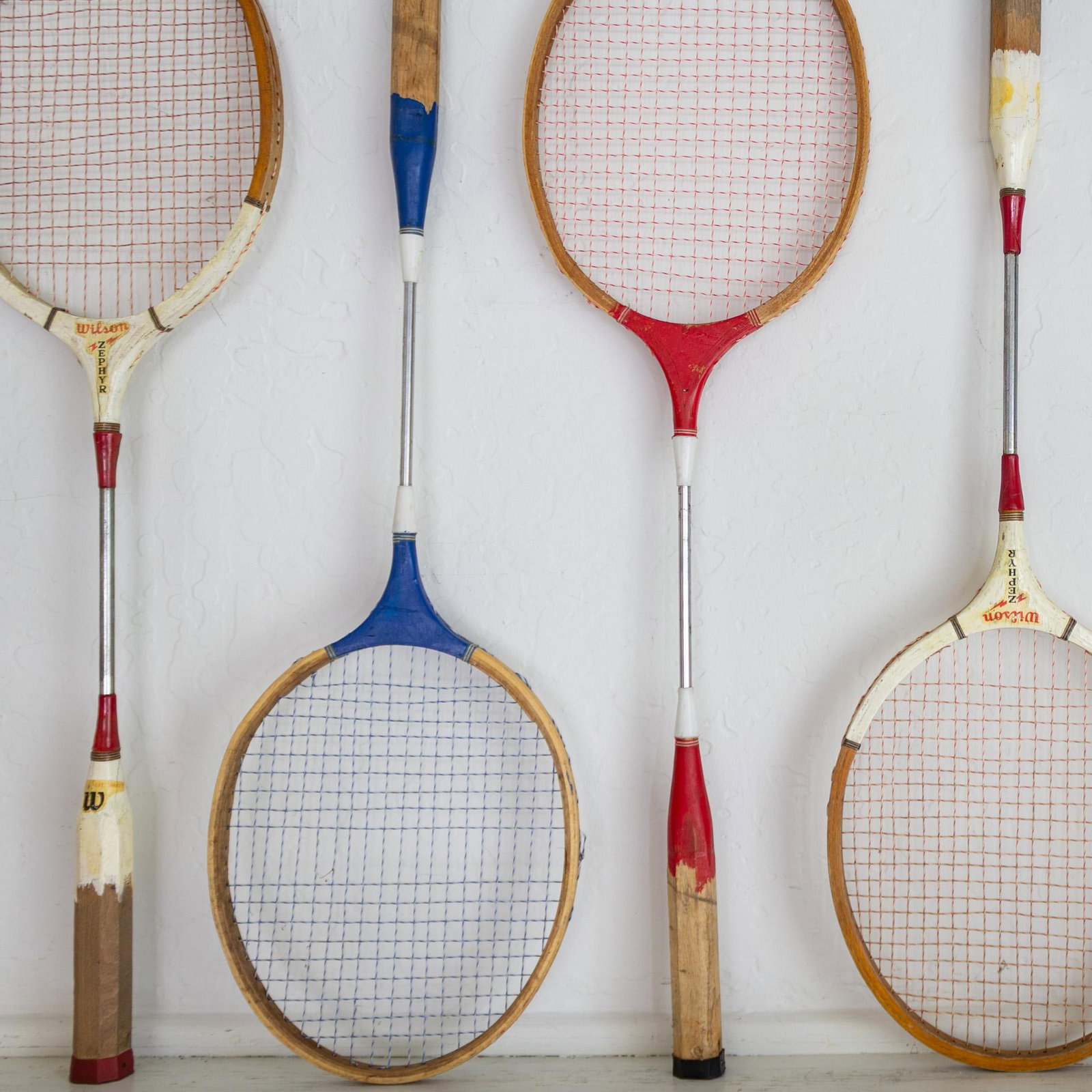 Set of Vintage Wooden Wilson Zephyr Badminten Rackets Red White and Blue - 6