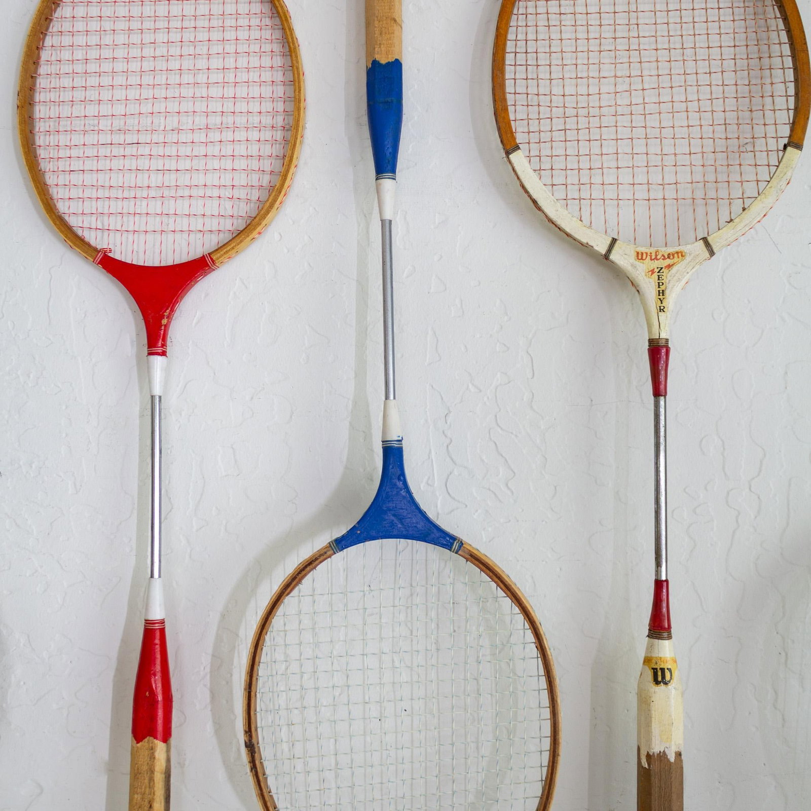 Set of Vintage Wooden Wilson Zephyr Badminten Rackets Red White and Blue - 8