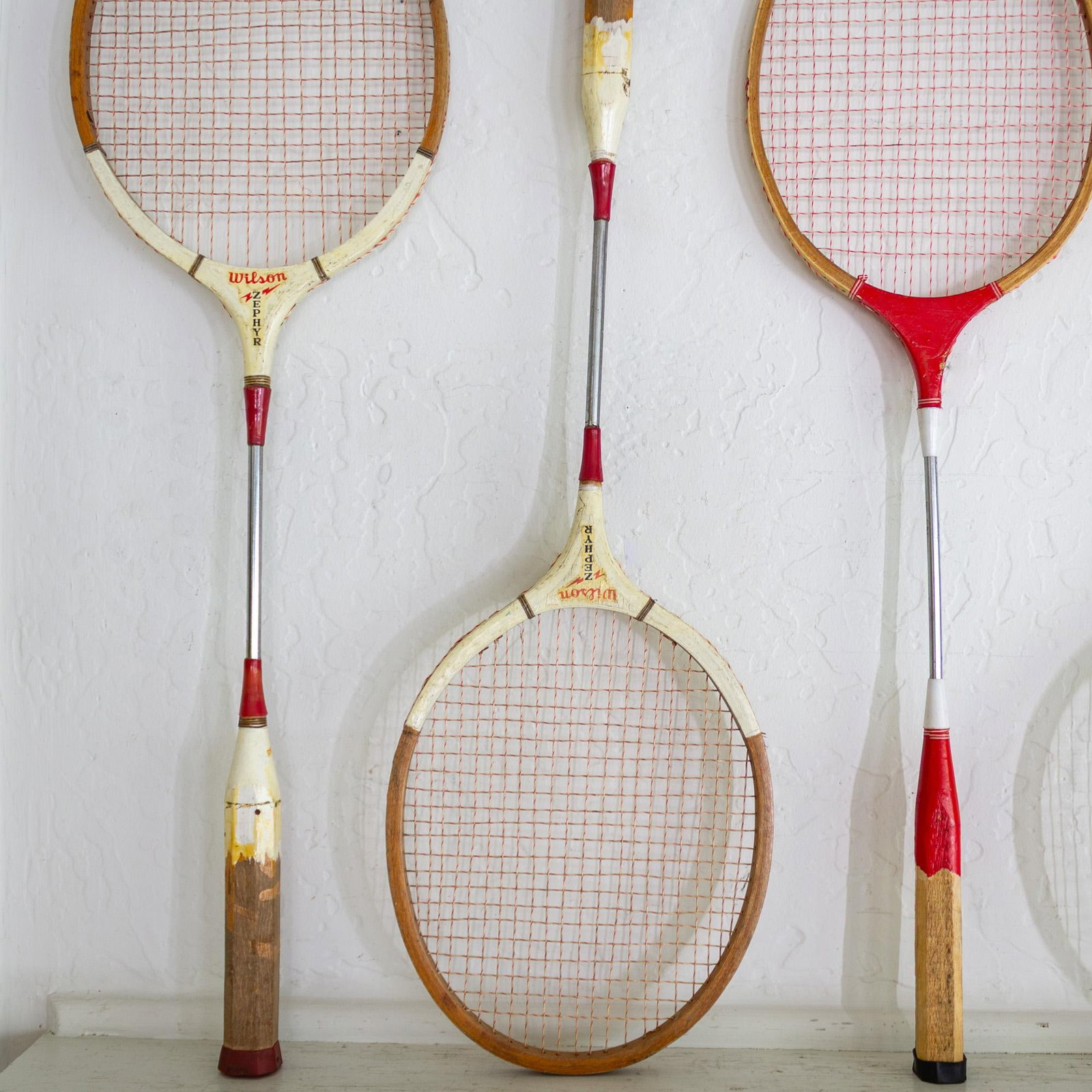 Set of Vintage Wooden Wilson Zephyr Badminten Rackets Red White and Blue - 9