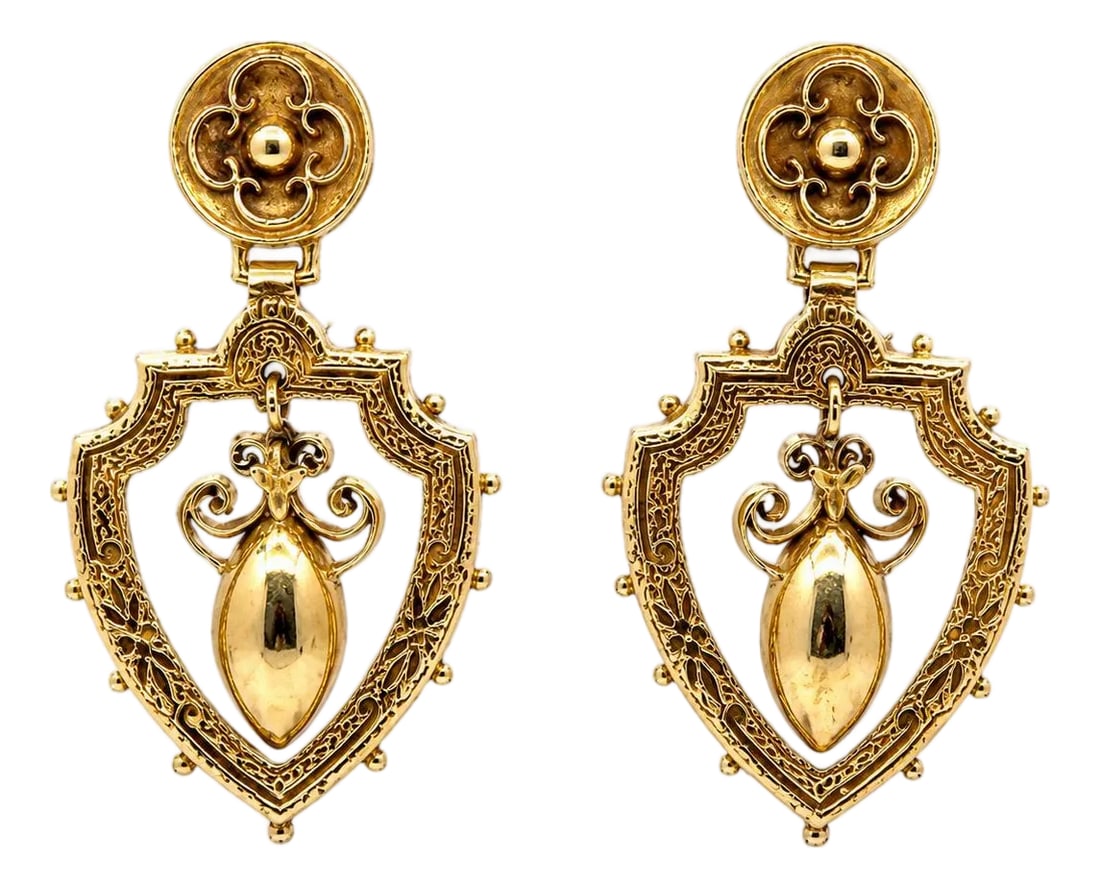 1900-1909 Pair of 14k Edwardian Period Earrings: 14k Edwardian Period Earrings. Ornate shield design with central drop motif. Total weight 10.88 g. Condition: Alterations: Original Condition Unaltered Imperfections: Some Imperfections Condition