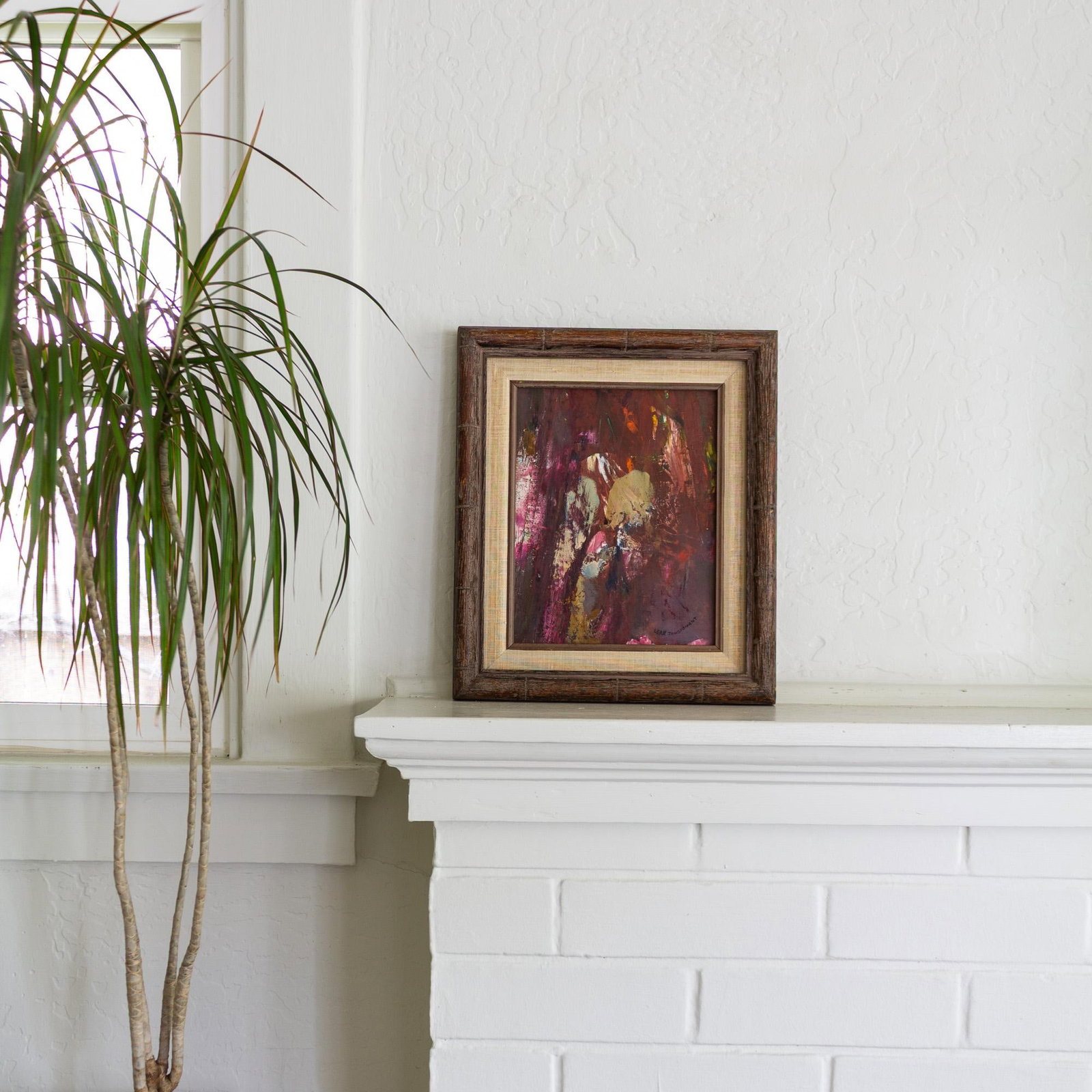 Signed Purple Pink Mauve Abstract Polychrome Painting in Faux Bamboo Frame - 10
