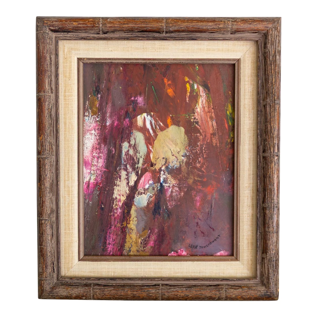 Signed Purple Pink Mauve Abstract Polychrome Painting in Faux Bamboo Frame