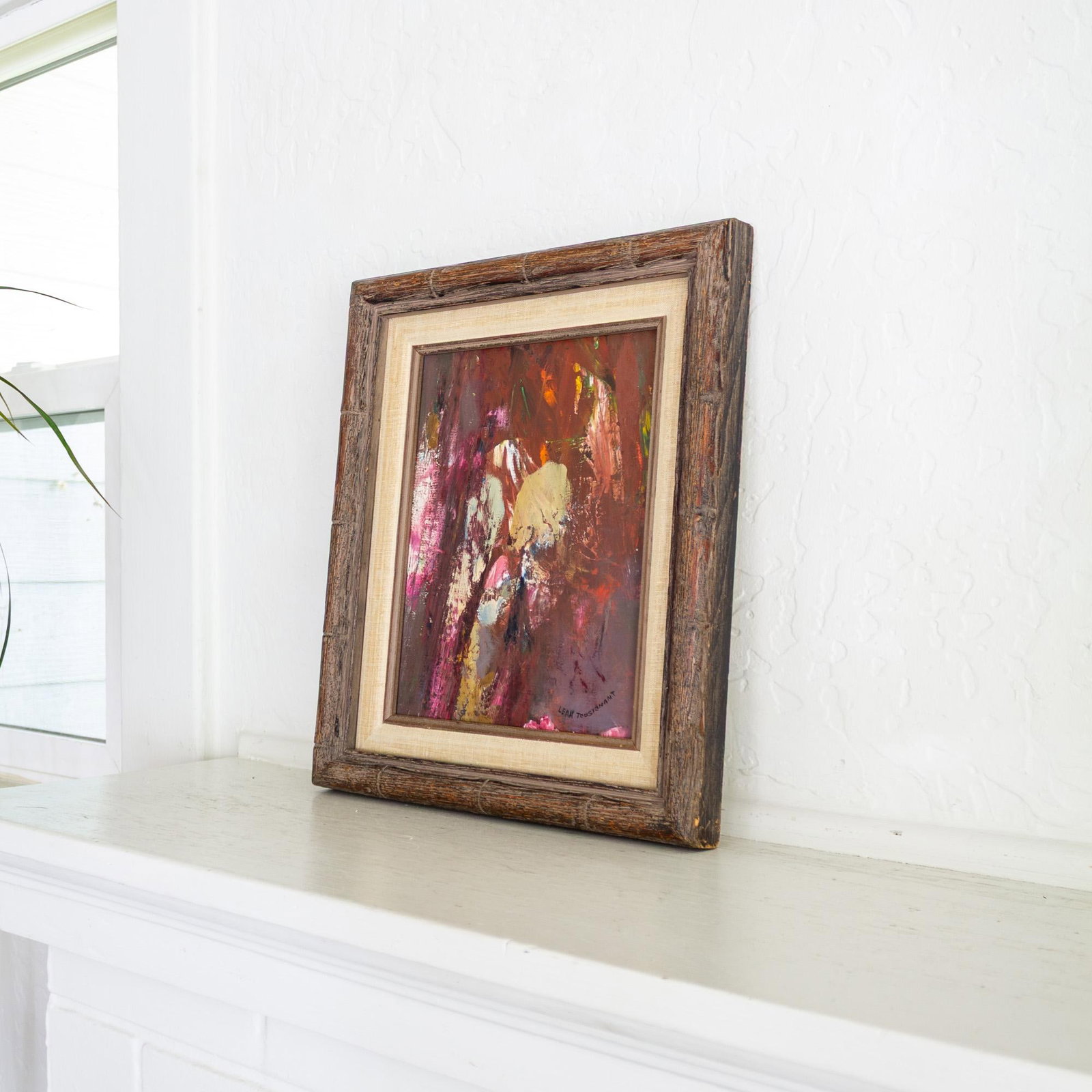 Signed Purple Pink Mauve Abstract Polychrome Painting in Faux Bamboo Frame - 3