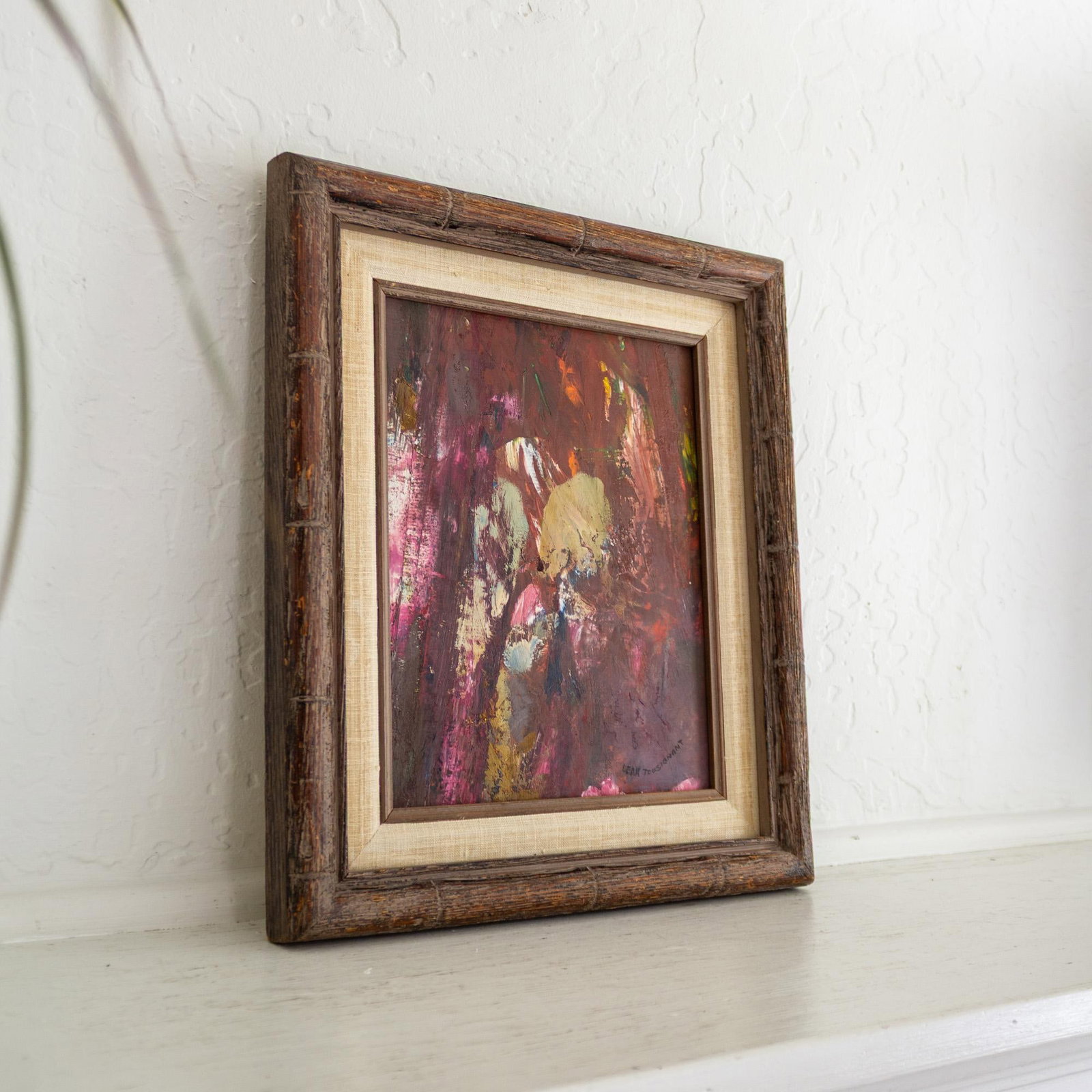 Signed Purple Pink Mauve Abstract Polychrome Painting in Faux Bamboo Frame - 4