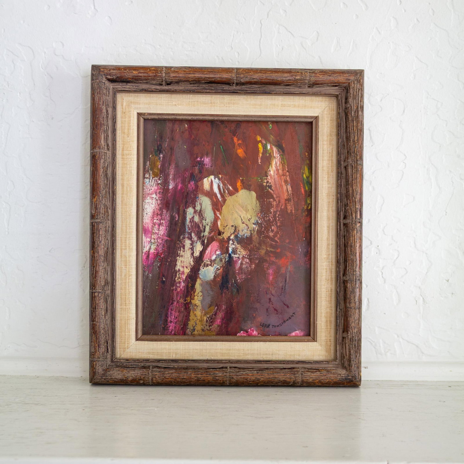 Signed Purple Pink Mauve Abstract Polychrome Painting in Faux Bamboo Frame - 5
