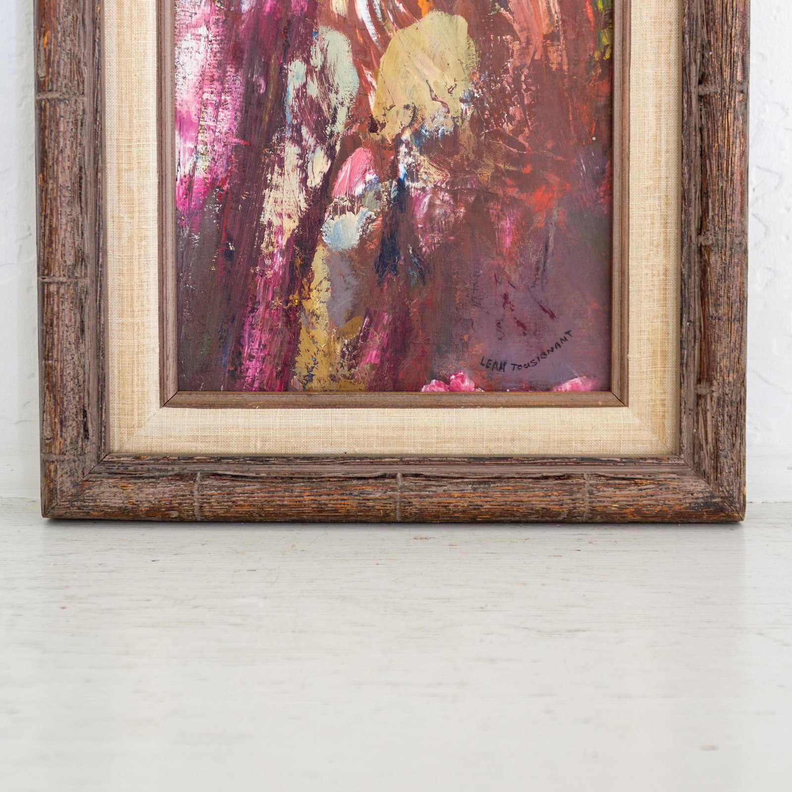 Signed Purple Pink Mauve Abstract Polychrome Painting in Faux Bamboo Frame - 6